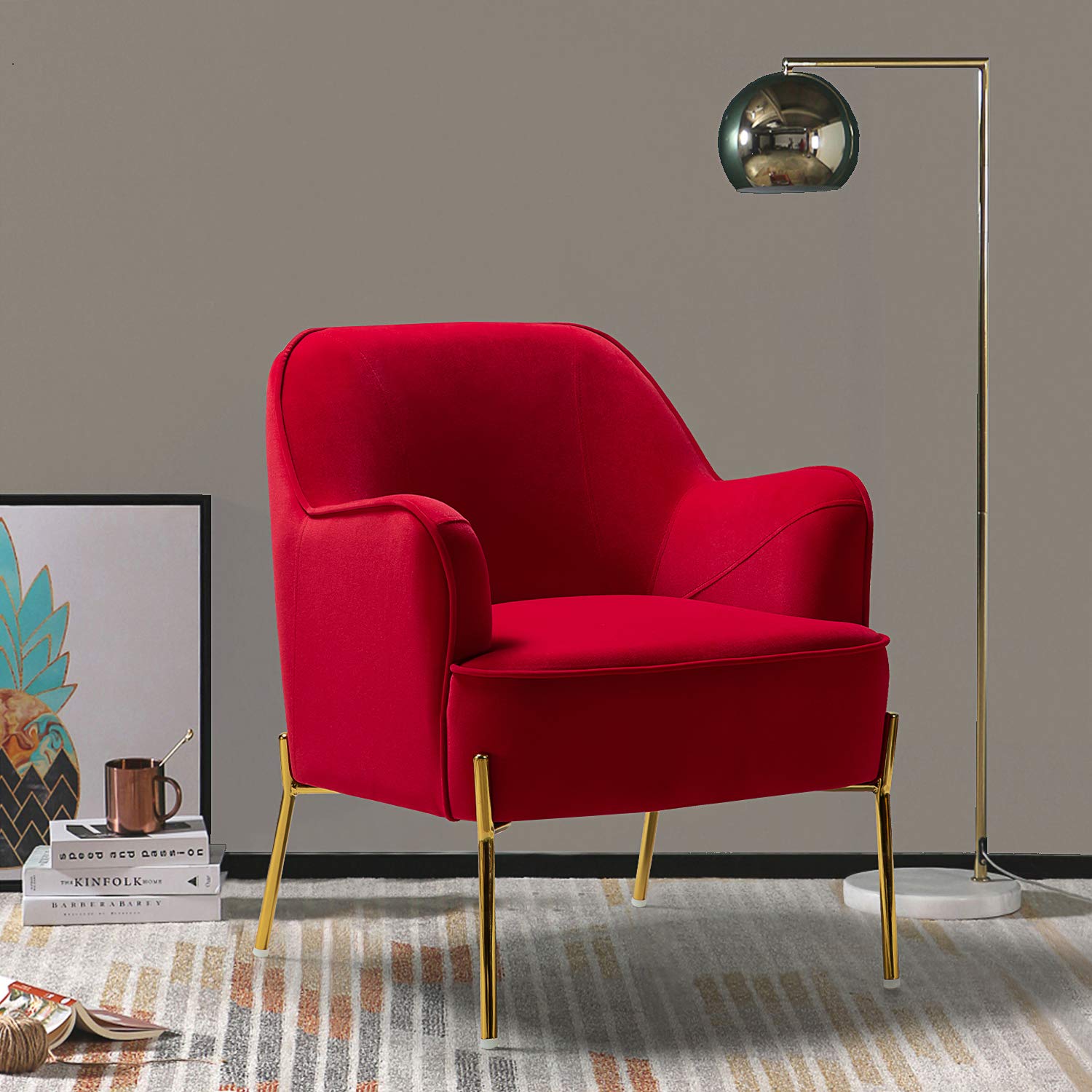 TINA'S HOME Velvet Accent Chair - Mid Century Modern Upholstered Armchair with Gold Metal Legs & Tufted Design | Comfortable Reading Chair for Living Room, Bedroom & Office (Red Velvet)