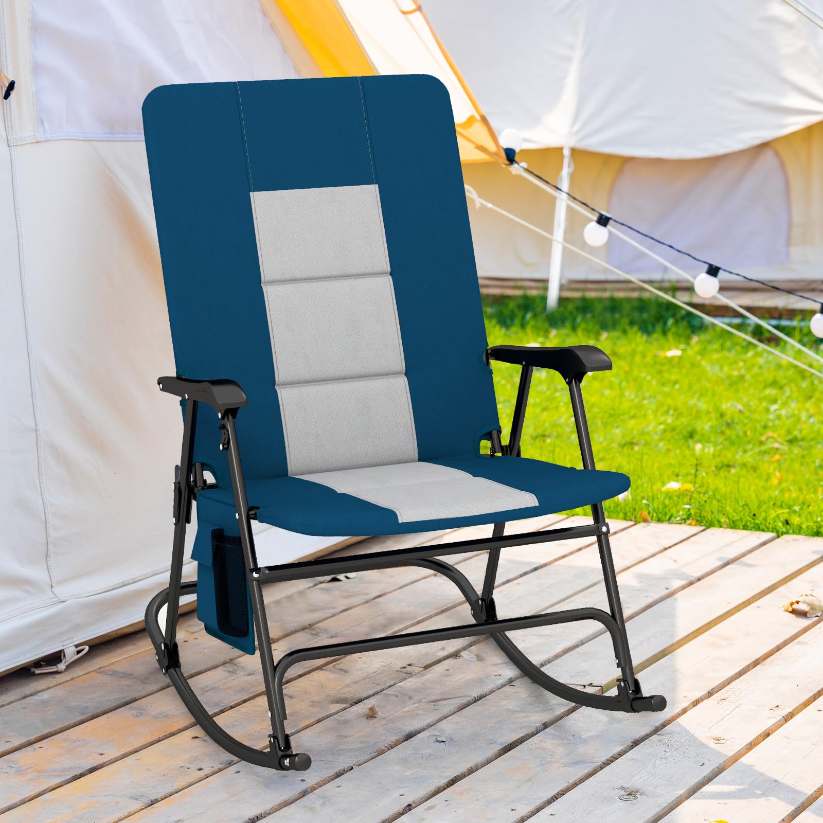 Tangkula Folding Rocking Chair - Heavy Duty 350 lbs Capacity, Padded High Back Camp Chair with Armrests, Portable Foldable Design for Indoor Outdoor Use, Patio Lawn Backyard Camping Beach Relaxation (Blue)