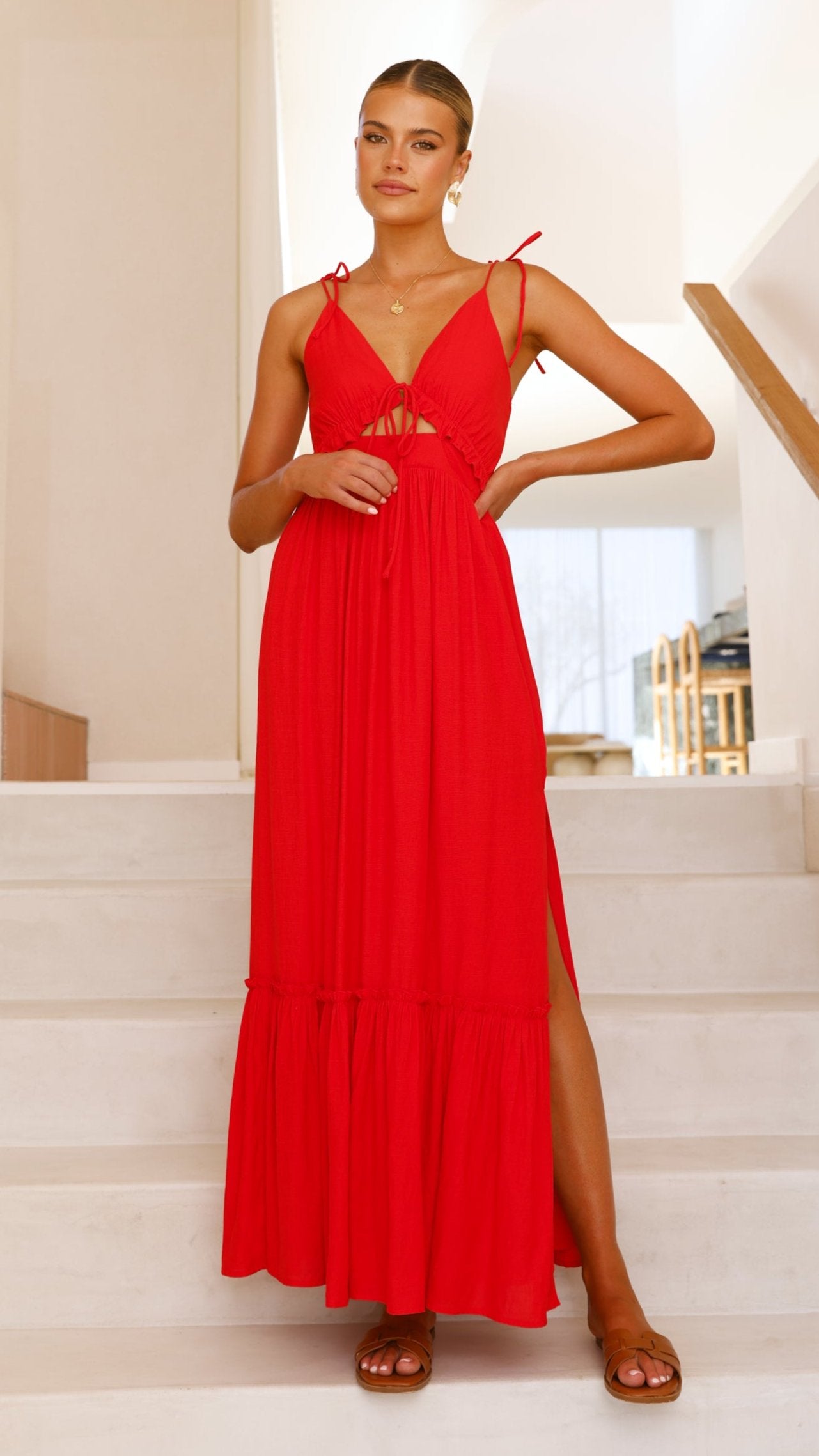 Lille Maxi Dress for Women - Flowy Long Summer Dress in Red - Perfect for Beach, Vacation & Casual Outings