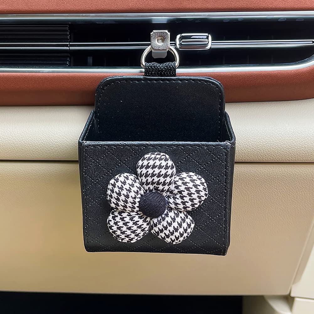 WAYUTO Car Air Vent Organizer - Phone Holder, Sunglass & Key Storage Bag with Hook for Car Accessories (Black Flower Design) - Perfect for Road Trips, Commuting & Daily Driving Organization
