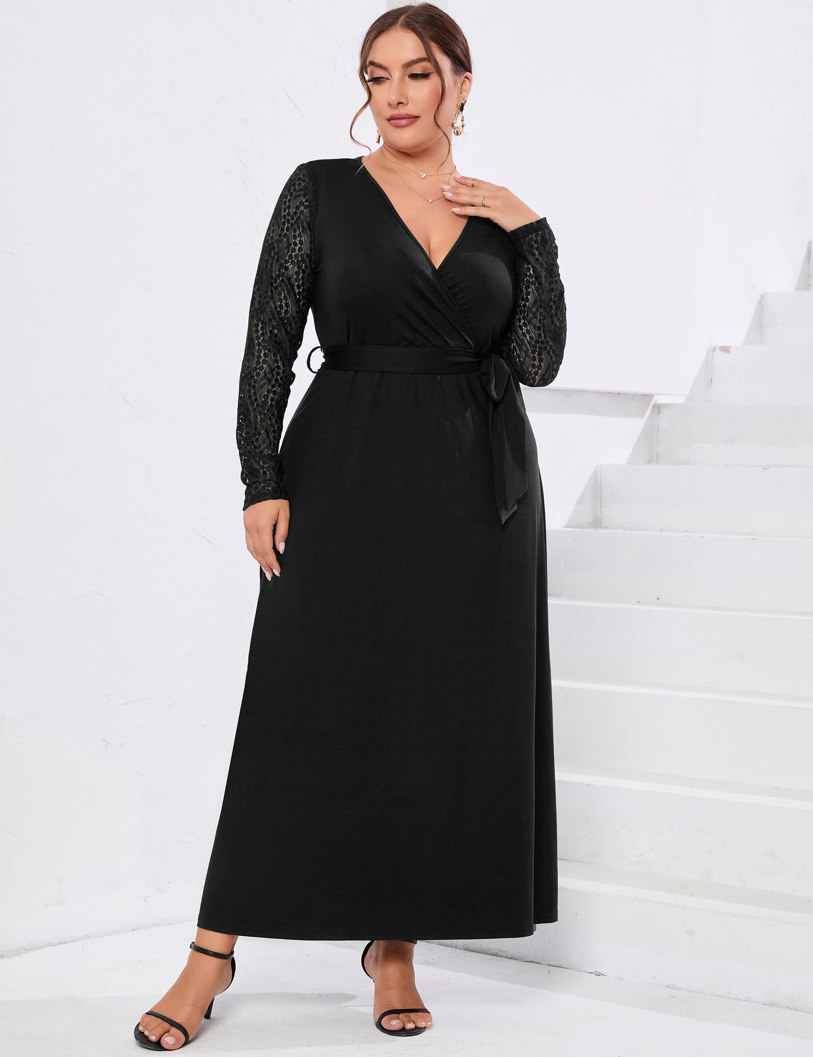 **ShopWonder Plus Size Summer Wrap Dress for Women - V Neck Lace Formal Maxi Dress for Wedding Guest, Beach Party & Special Occasions**