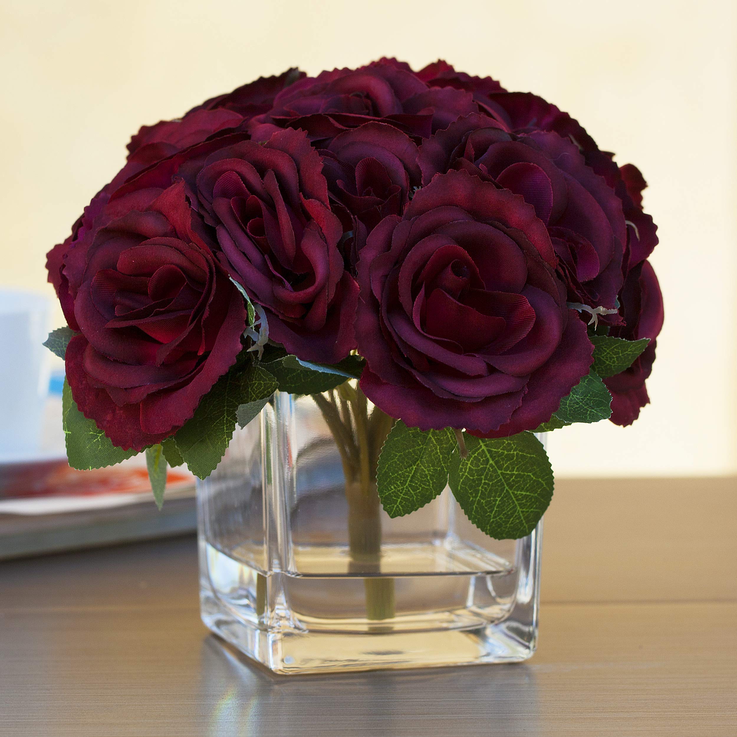 ENOVA HOME Burgundy Velvet Rose Flower Arrangement in Cube Glass Vase with Faux Water - Elegant Home & Office Decor for Tables, Desks, Shelves, and Wedding Centerpieces