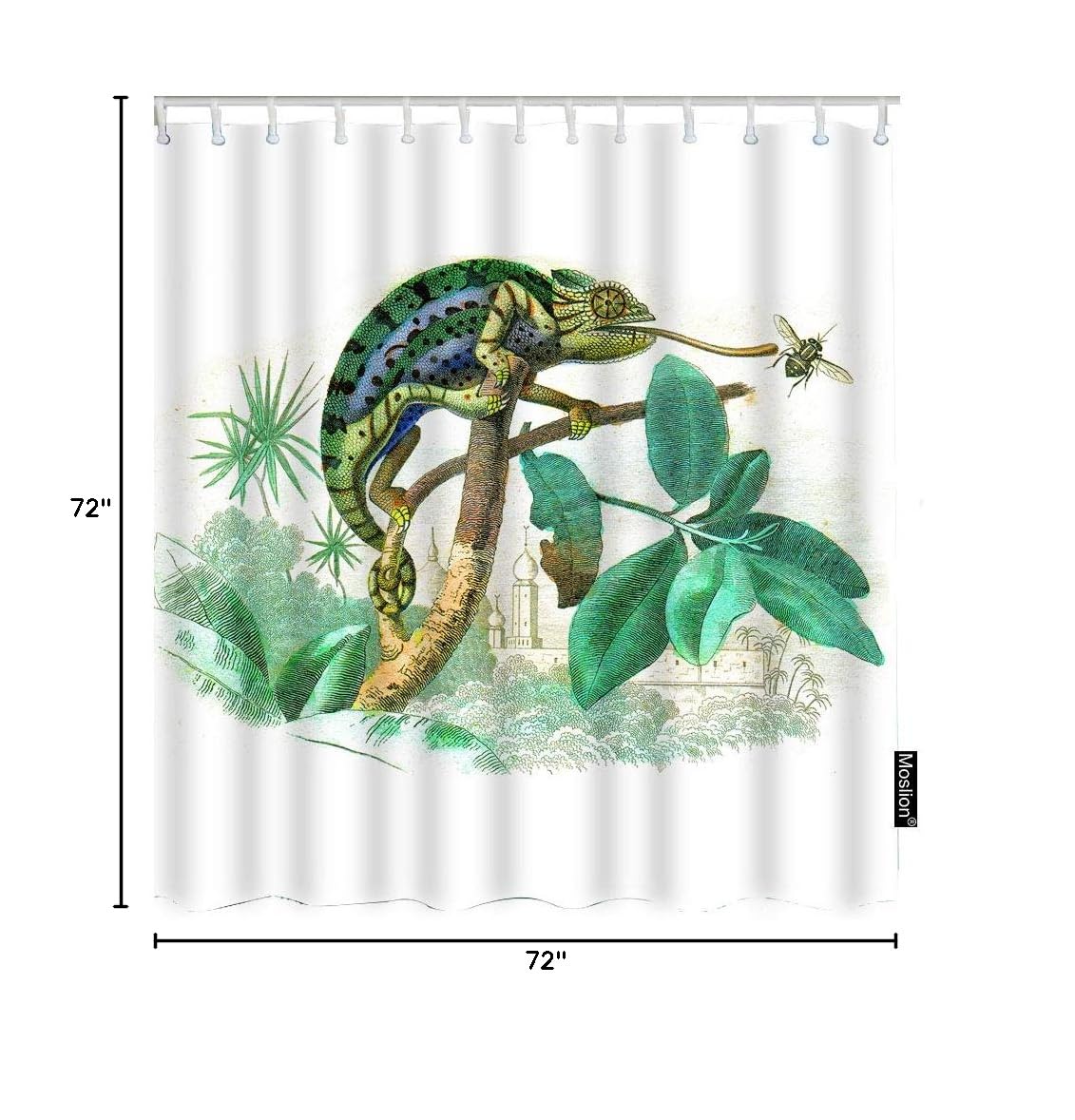 Waterproof Chameleon Shower Curtain - 72x72 Inch Green Lizard Eating Bugs Design with Tree Leaves & Grass - Long Polyester Fabric Bathroom Decor with Hooks | Perfect for Jungle Theme, Kids' Bathroom & Nature-Inspired Home Decor