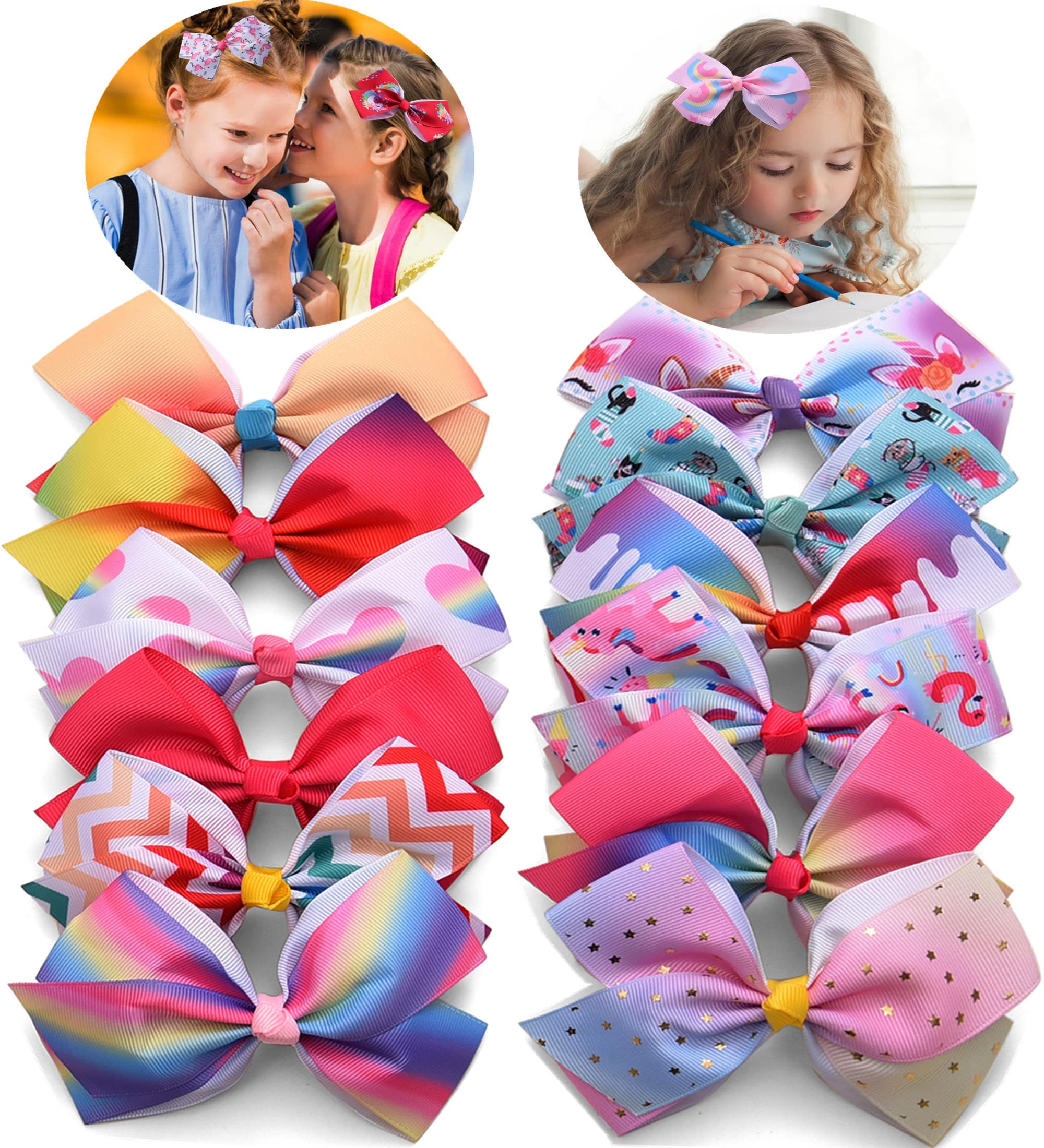 Girls Hair Bows 5 Inch - 12 Pack Colorful Grosgrain Ribbon Hair Clips for School & Parties
