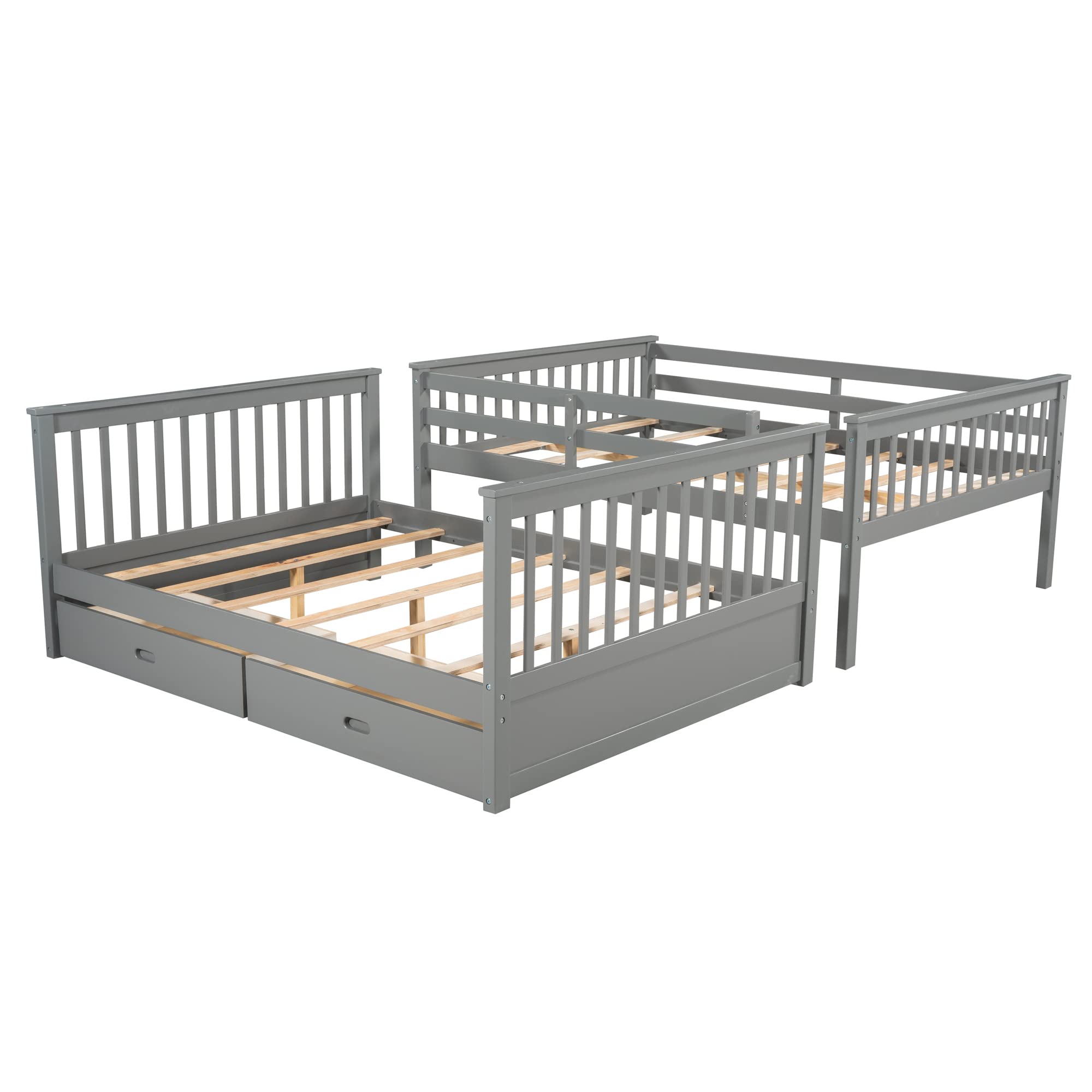 Harper & Bright Designs Full Over Full Bunk Bed with 2 Drawers - Solid Wood Platform Bed with Ladder, Full Length Guardrail & Headboard - No Box Spring Needed - Grey - Space Saving Kids Bedroom Furniture for Siblings or Sleepovers