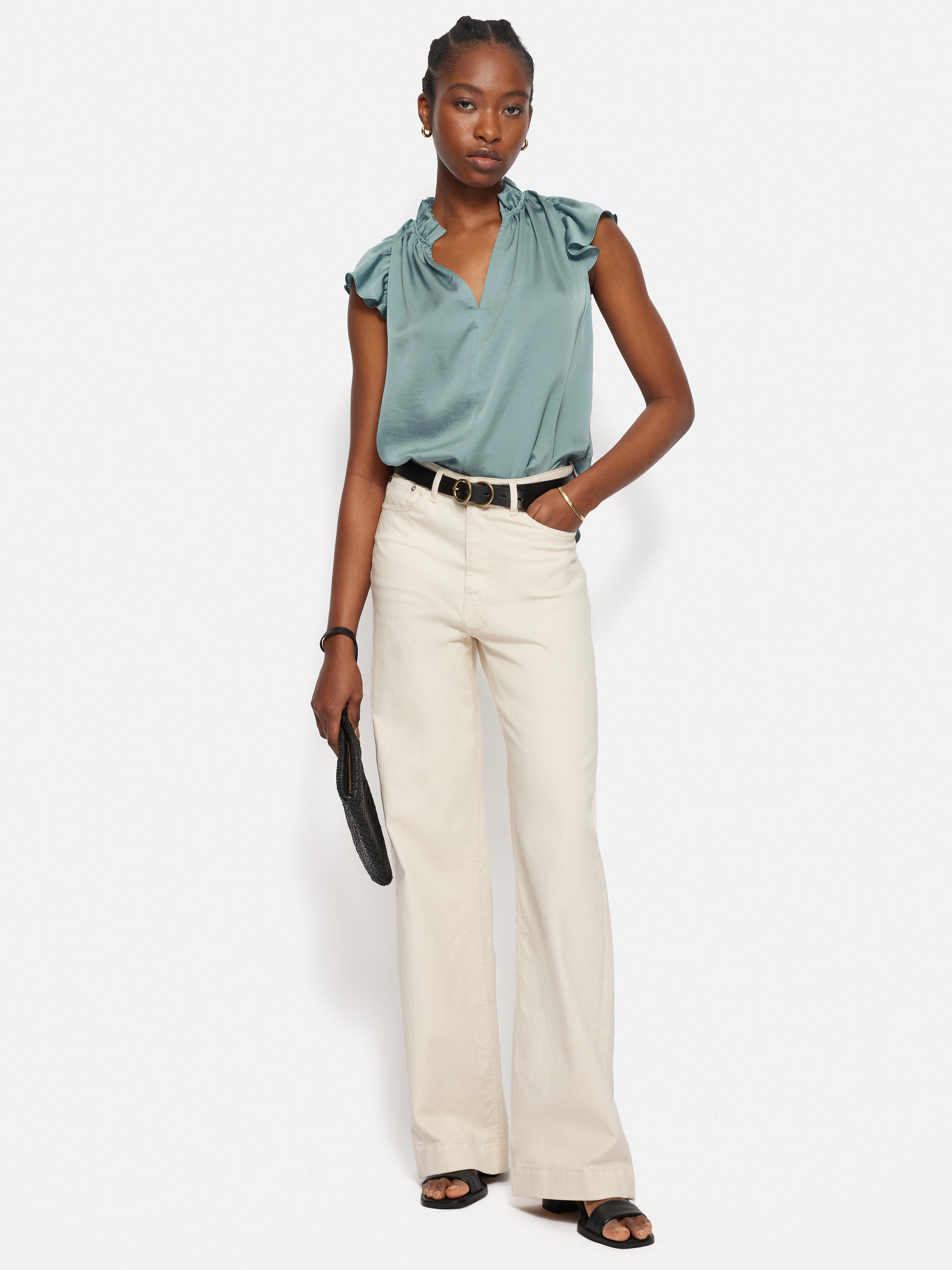 Eco-Friendly Recycled Satin Frill Neck Blouse in Green | Women's Fashion Top for Casual Wear, Office & Date Night