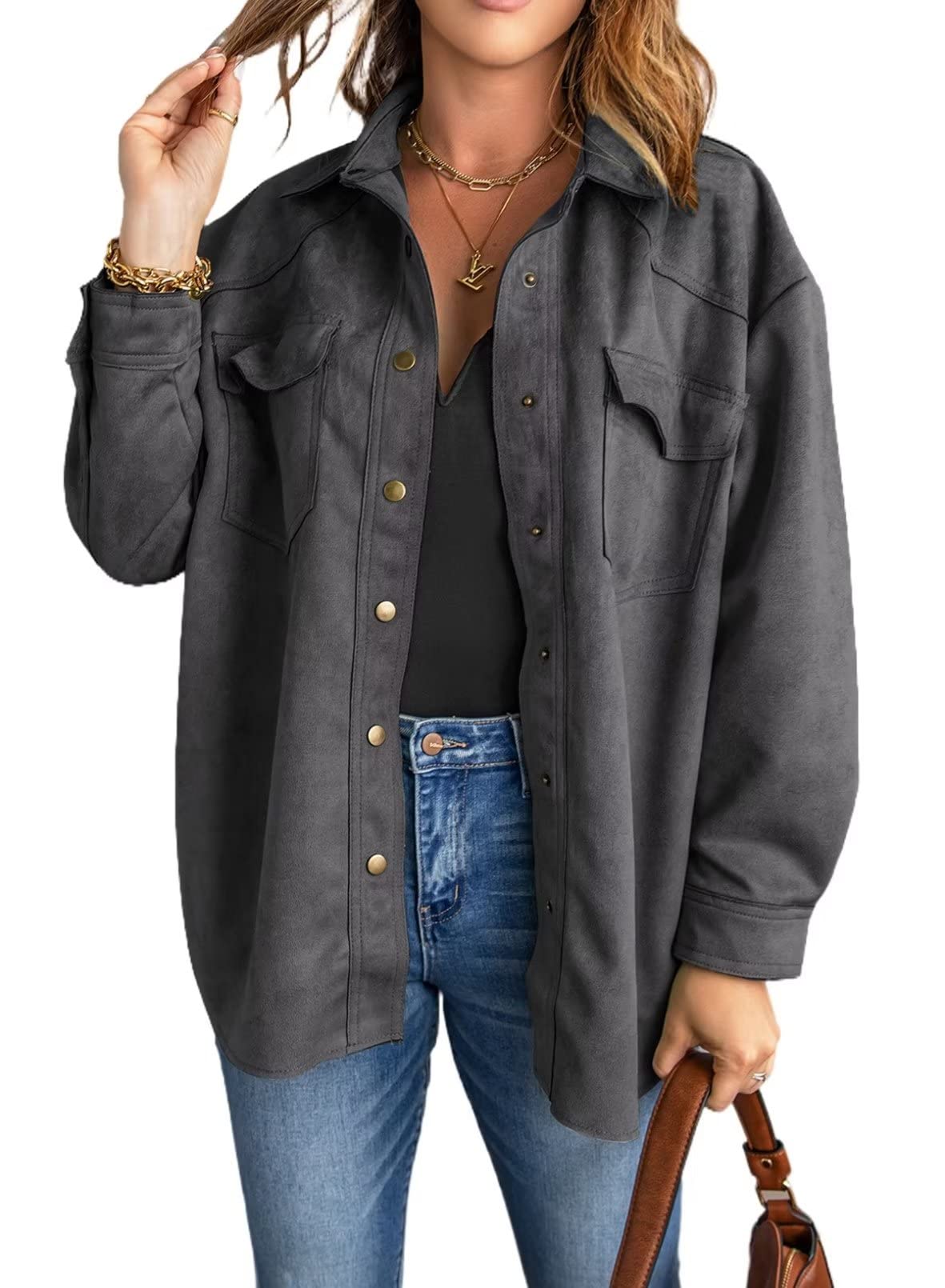 Stylish Women's Casual Long Sleeve Shacket Jacket with Pockets - Perfect for Fall Layering & Outdoor Activities