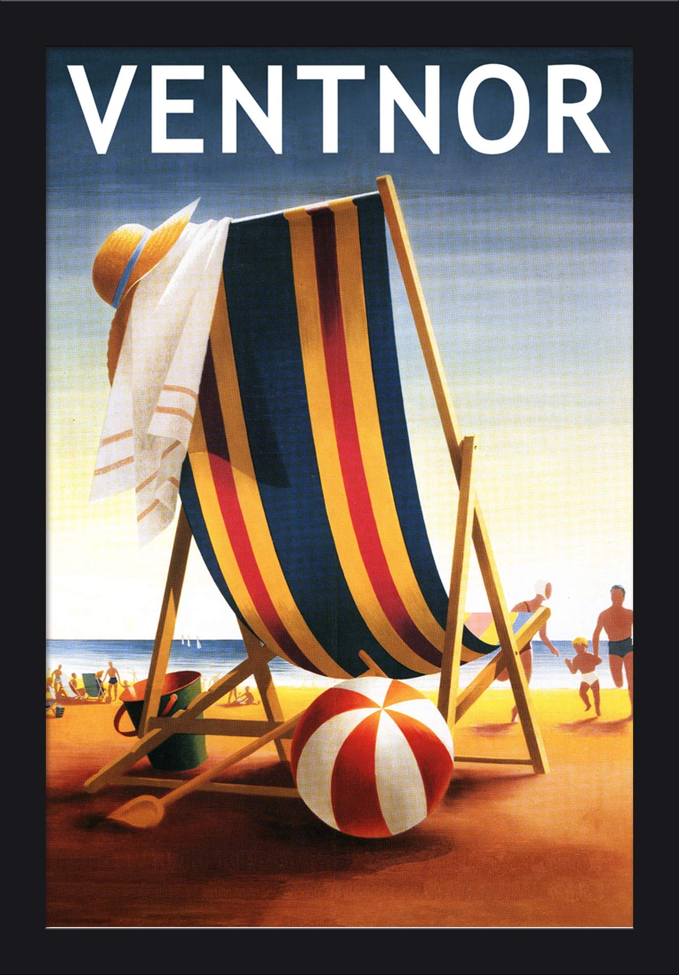Ventnor New Jersey Beach Chair and Ball - 16x24 Giclee Fine Art Print with Recycled Black Wood Frame - Coastal Wall Decor for Living Room, Bedroom or Office