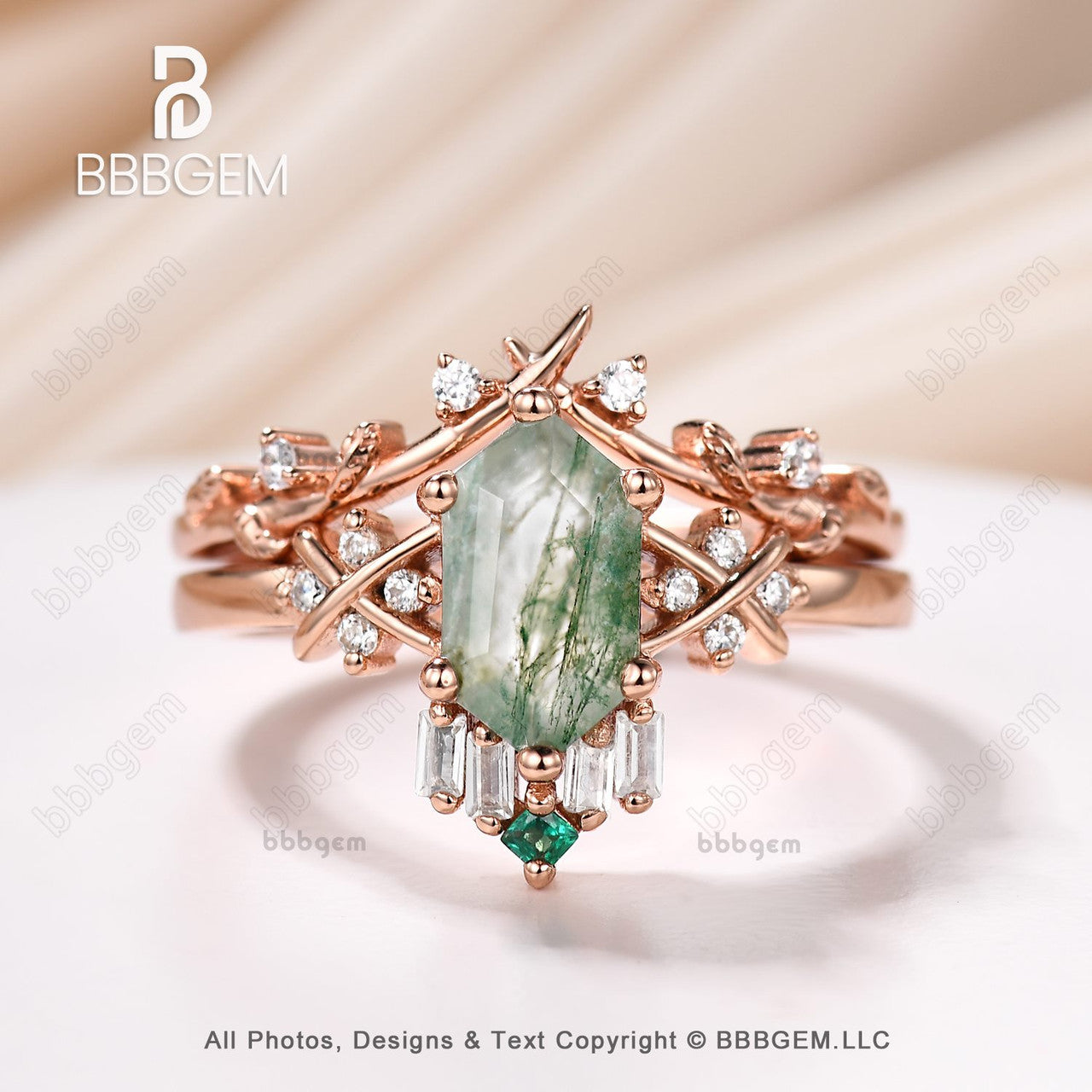 14K Rose Gold Long Hexagon Green Moss Agate Wedding Ring Set - Elegant Elongated Moss Agate Bridal Rings for Engagement, Anniversary & Special Occasions