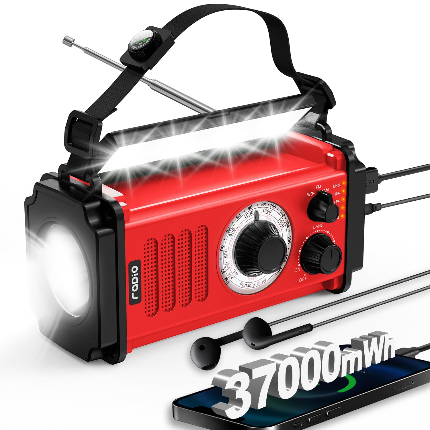 **37000mAh Solar Hand Crank Emergency Weather Radio - Portable AM/FM/NOAA Radio with USB Charger, Flashlight, Reading Light & SOS Alarm - Perfect for Camping, Hiking, and Power Outages**