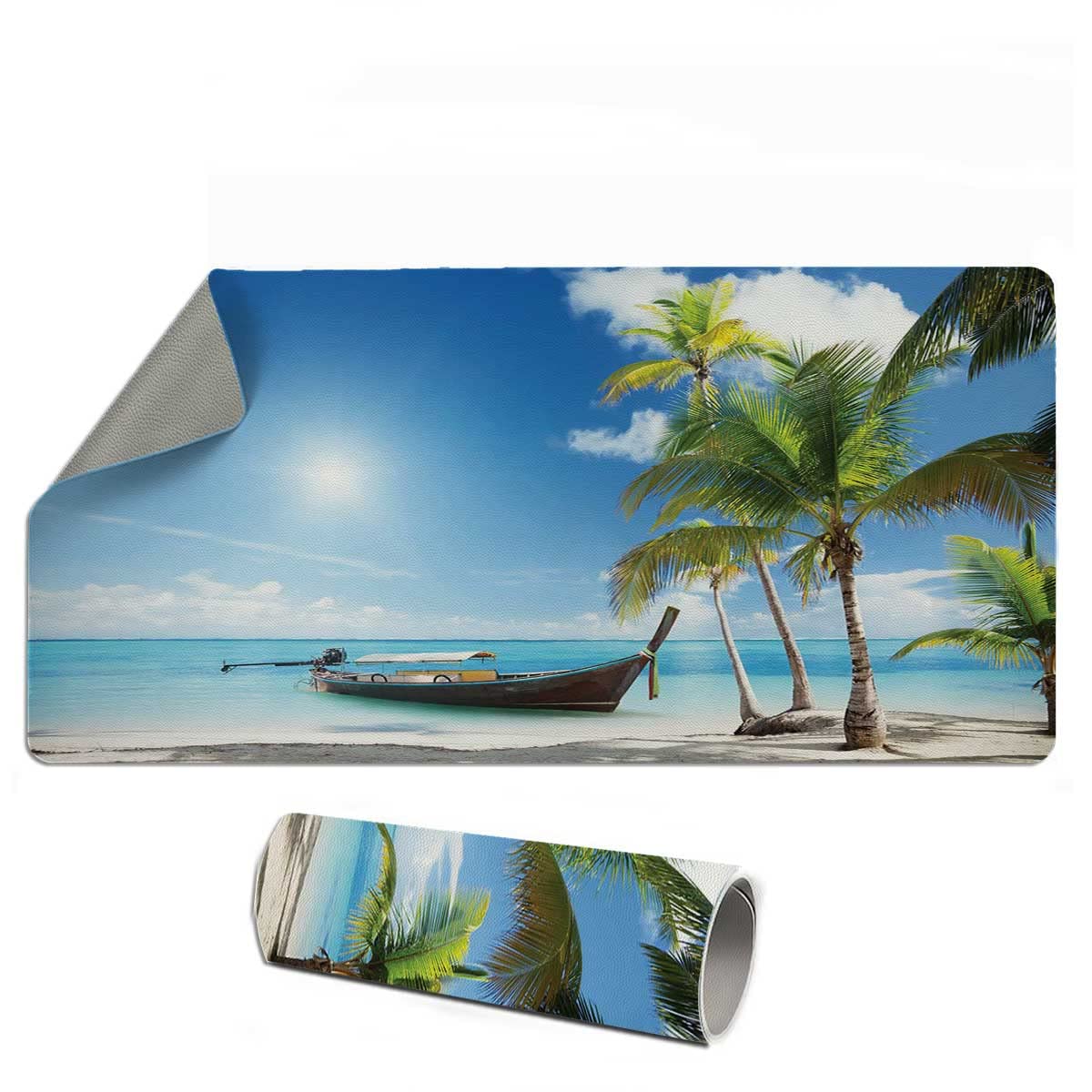 Premium XXL Gaming Mouse Pad 24x14 Inches - Waterproof Leather Desk Mat with Non-Slip Base for PC, Laptop & Office Work - Perfect for Gamers, Programmers & Home Office (Exotic Beach Wooden Boat Design)