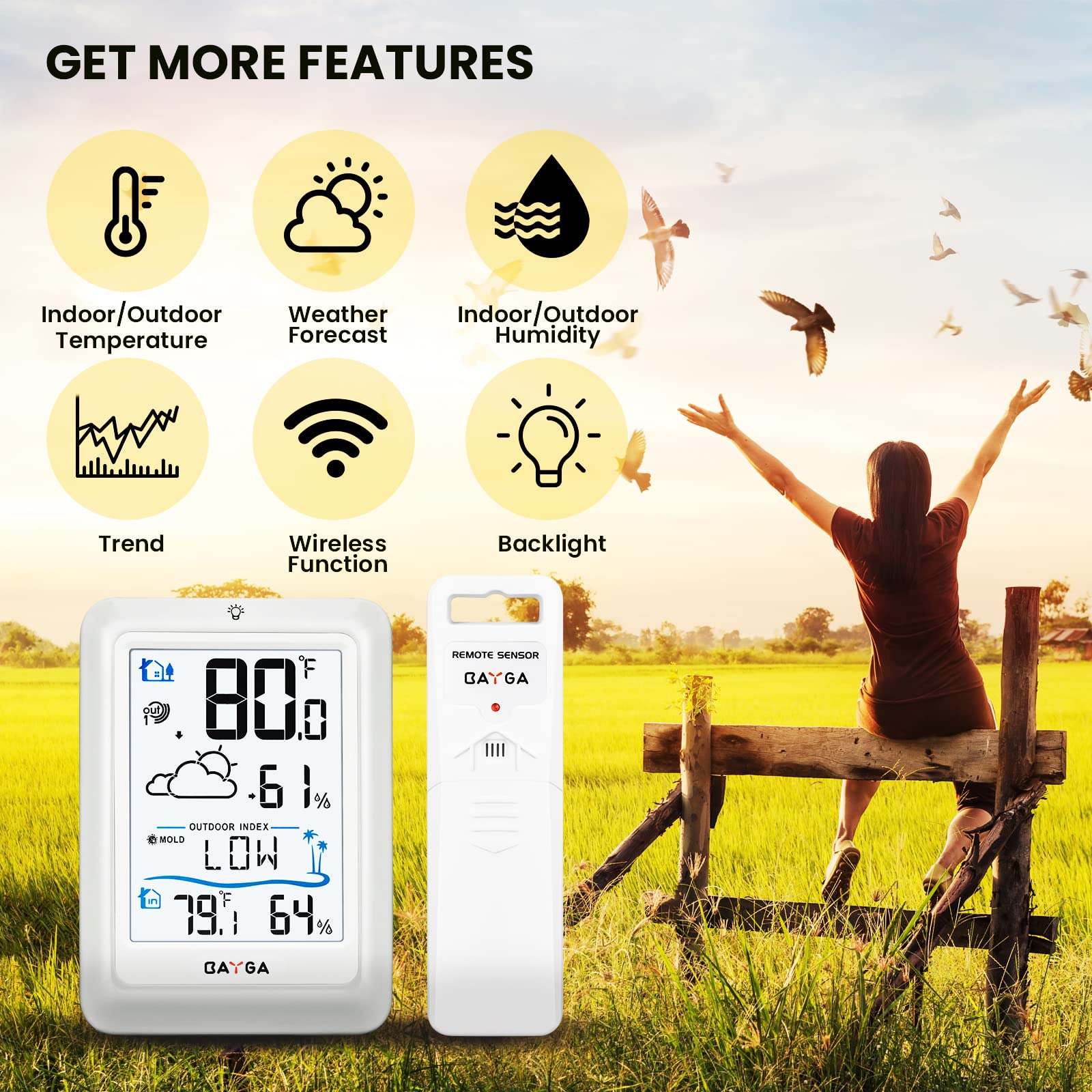 BAYGA Wireless Indoor Outdoor Thermometer - Digital Weather Station with 330ft Range Remote Sensor, Temperature & Humidity Monitor, Heat/Dew/Mold Index, 10s Backlight - Perfect for Home, Greenhouse, Baby Room & Weather Monitoring