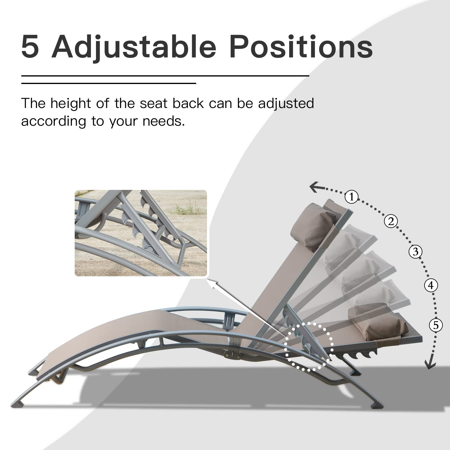 Domi 2-Piece Aluminum Adjustable Lounge Chair Set – 5-Position Outdoor Chaise for Poolside, Garden, Beach, Camping & Backyard (Khaki) – Perfect for Sunbathing, Relaxing & Outdoor Lounging