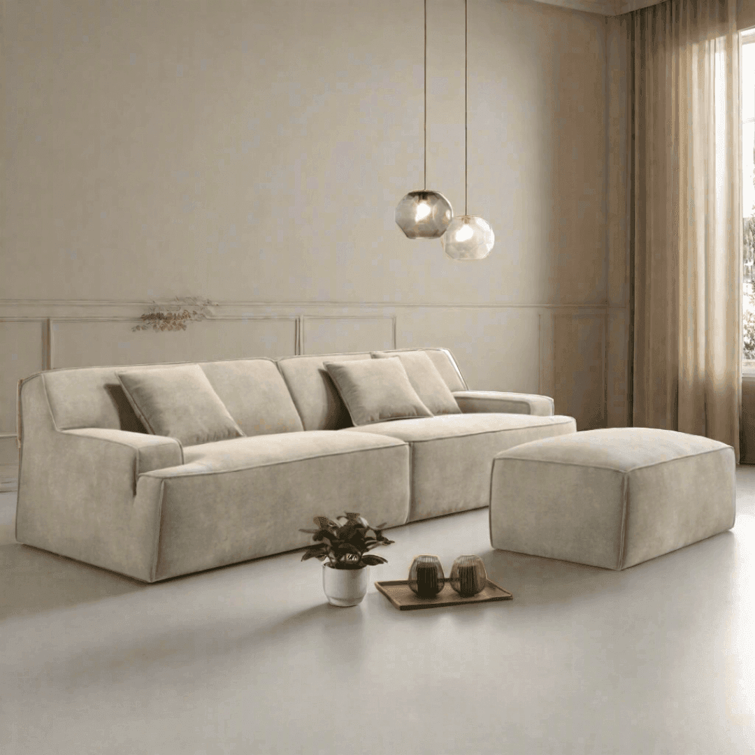 Elara Velvet Fabric Sofa with Stool - Soft & Durable Pet Friendly Living Room Furniture for Small Spaces, Modern Home Decor, Apartment Essentials