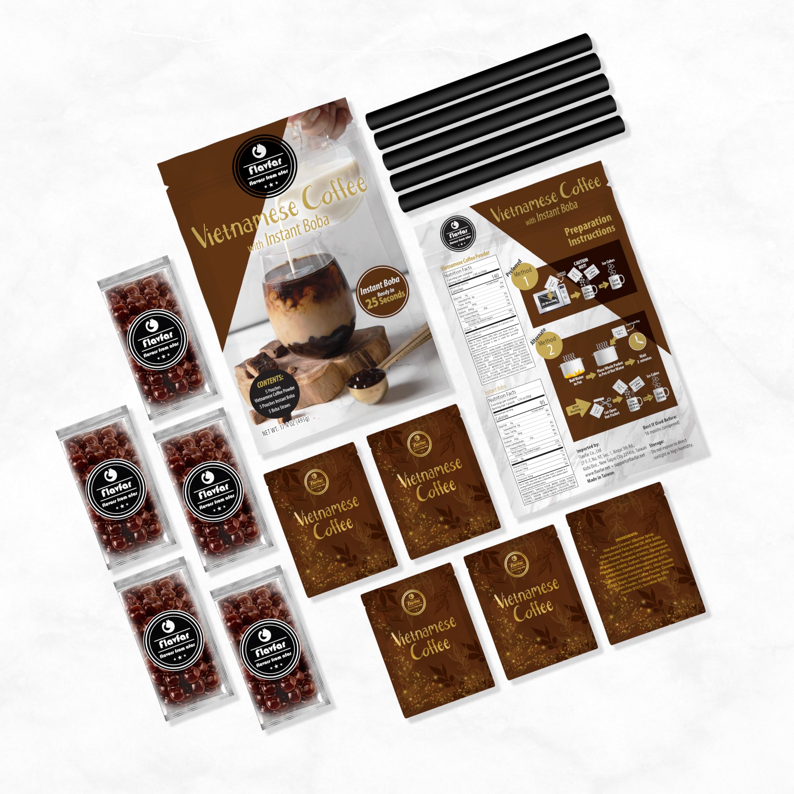 Flavfar Premium Instant Vietnamese Coffee Boba Kit with Chewy Tapioca Pearls | Quick 25-Second Preparation | Includes Boba Straws for Ultimate Bubble Tea Experience | Perfect Gift for Tea Lovers - 5 Servings | Enjoy at Home, Office or Parties