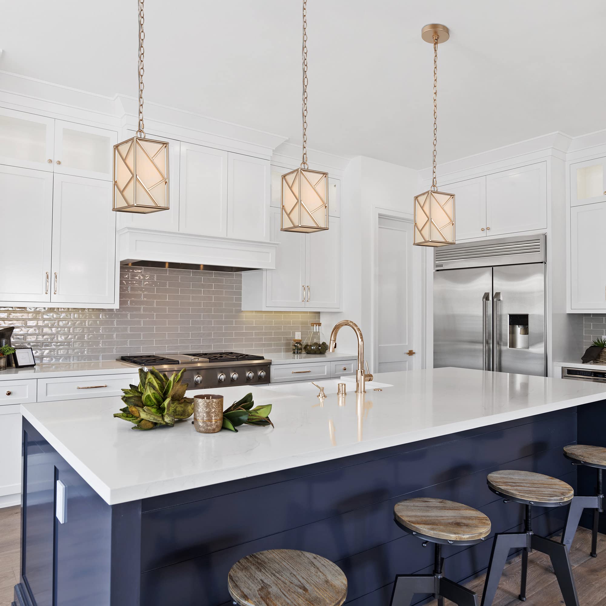Optimant Lighting Gold Pendant Light with Fabric Shade - Modern Cage Hanging Fixture for Kitchen Island, Dining Room, Living Room, Entryway, Hallway & Bedroom | Perfect for Farmhouse, Industrial & Contemporary Home Decor