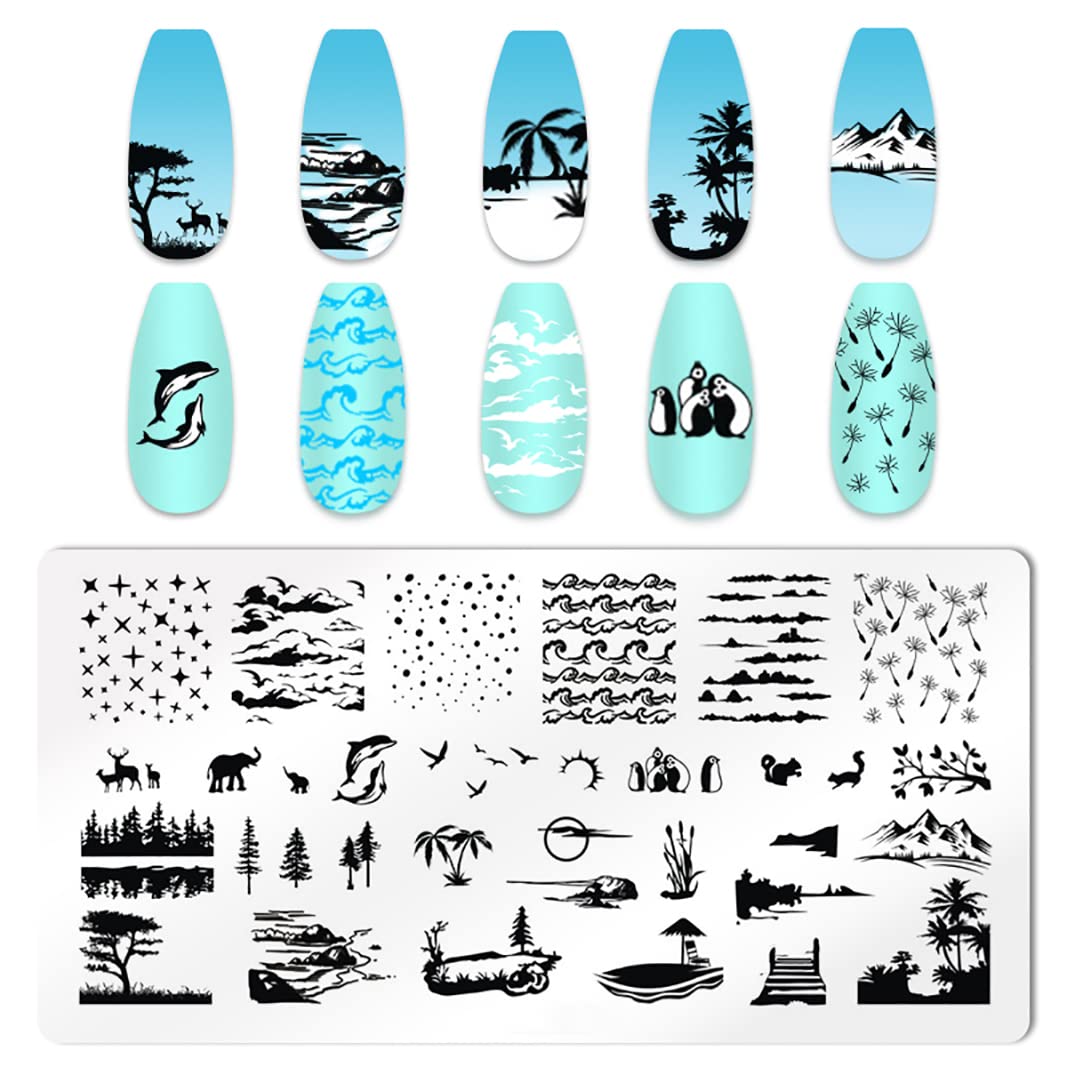 6-Piece Summer Beach Nail Stamping Kit with Seaside Scenery Designs - Coconut Trees, Sunset Waves, Sea Animals - DIY Nail Art Plates for Manicure & Pedicure - Perfect for Summer Vacations, Beach Parties & Nail Salon Use