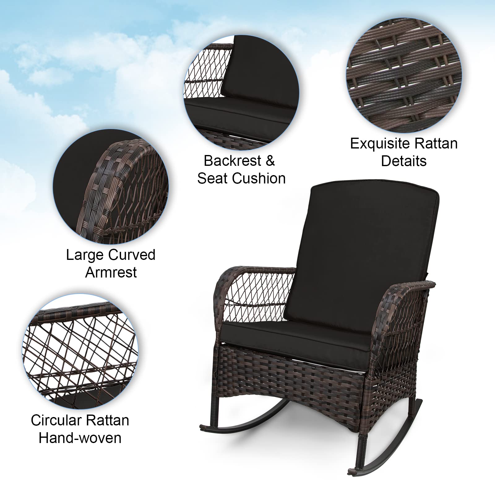 LEVELEVE 3-Piece Outdoor Rocking Bistro Set - PE Wicker Patio Conversation Chairs with Comfortable Rocking Motion (Black) - Perfect for Backyard, Garden, Porch or Poolside Relaxation