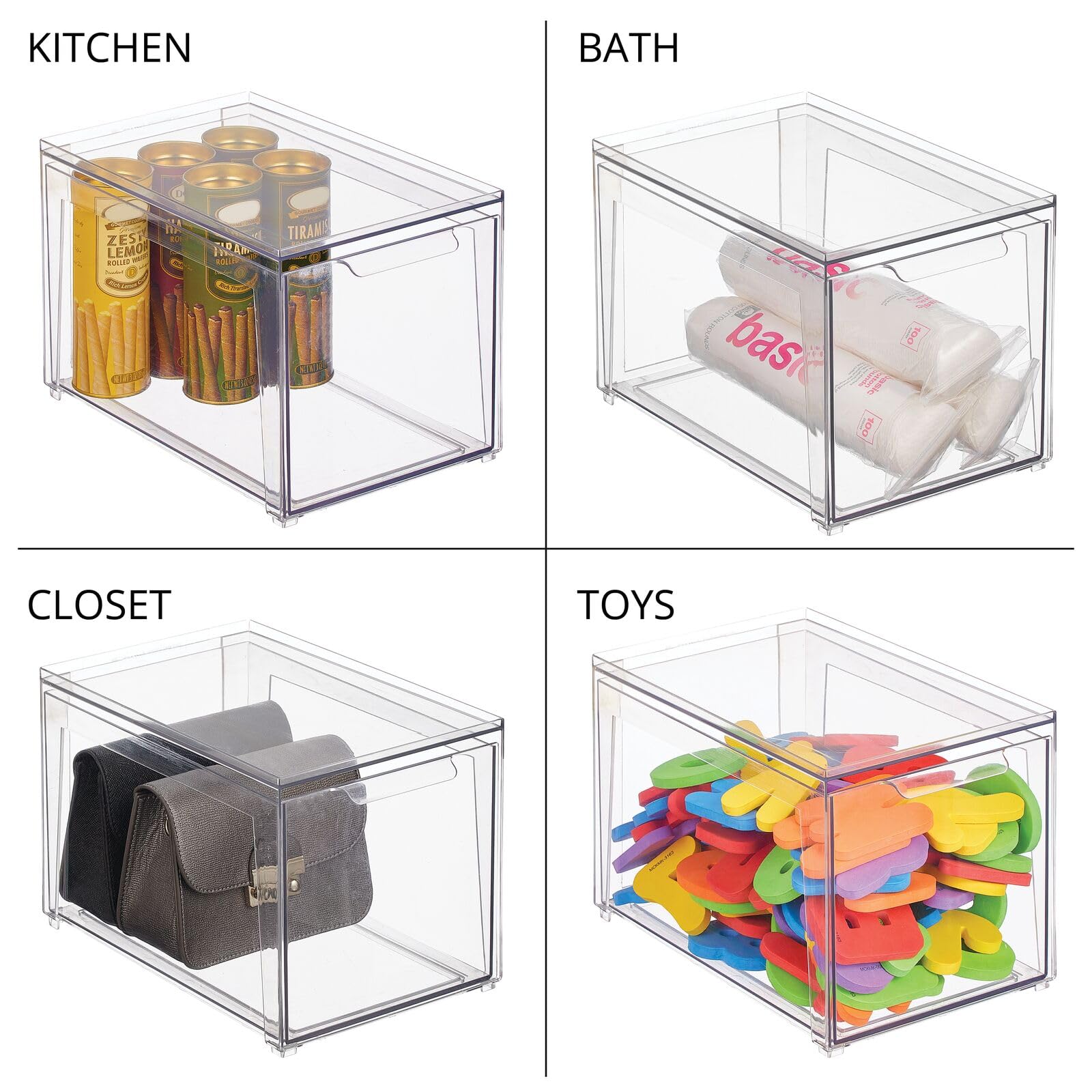 mDesign Plastic Stackable Bathroom Storage Organizer with Pull-Out Bin Drawer - 4 Pack Clear - Lumiere Collection for Cabinet, Vanity, Shelf & Closet Organization | Perfect for Small Spaces & Bathroom Decluttering