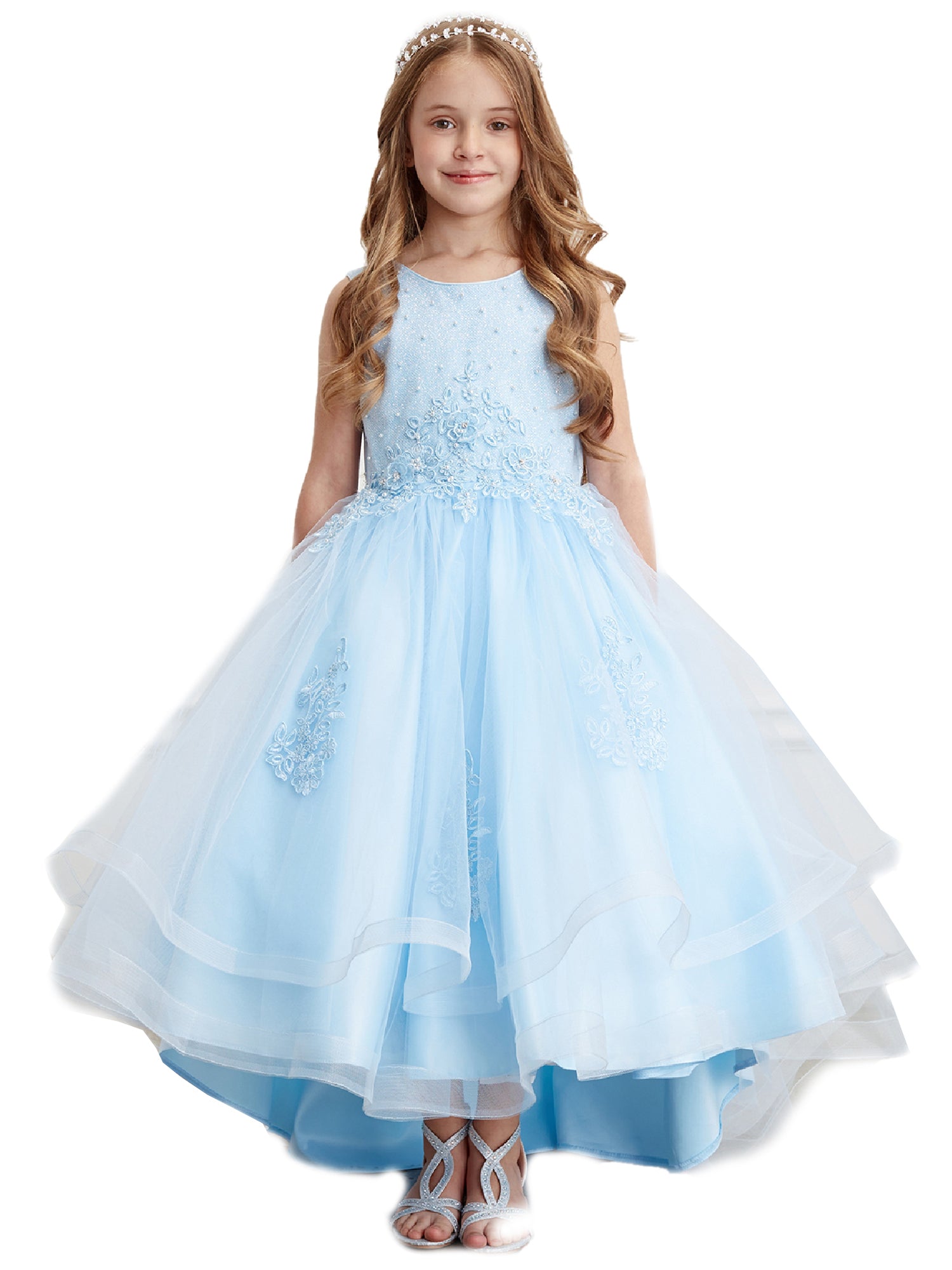 Elegant Sky Blue Pearl Rhinestone Lace Tail Skirt Junior Bridesmaid Dress for Big Girls Size 8-16 | Perfect for Weddings, Prom, Quinceañera & Special Occasions