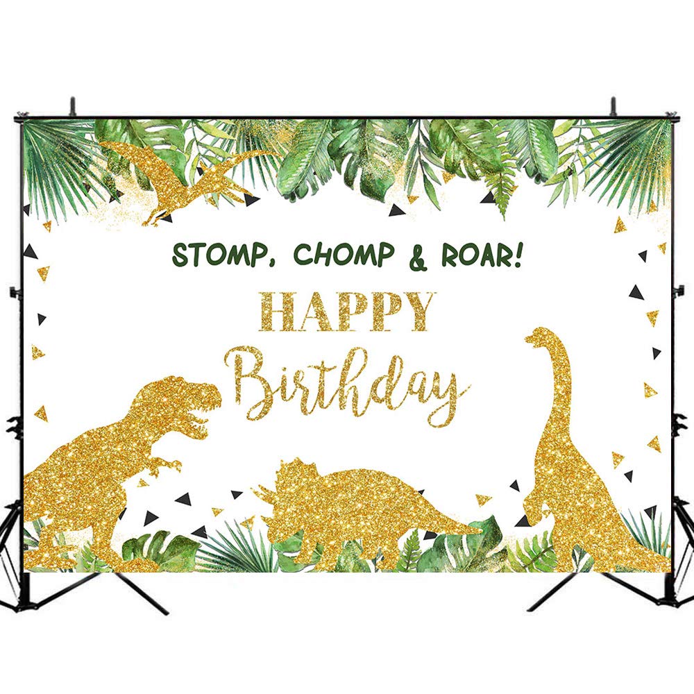 **Avezano 7x5ft Gold Safari Dinosaur Birthday Backdrop - Jungle Dino Party Background Vinyl Glitter Decor for Happy Birthday, Baby Shower & Kids Room Decoration**