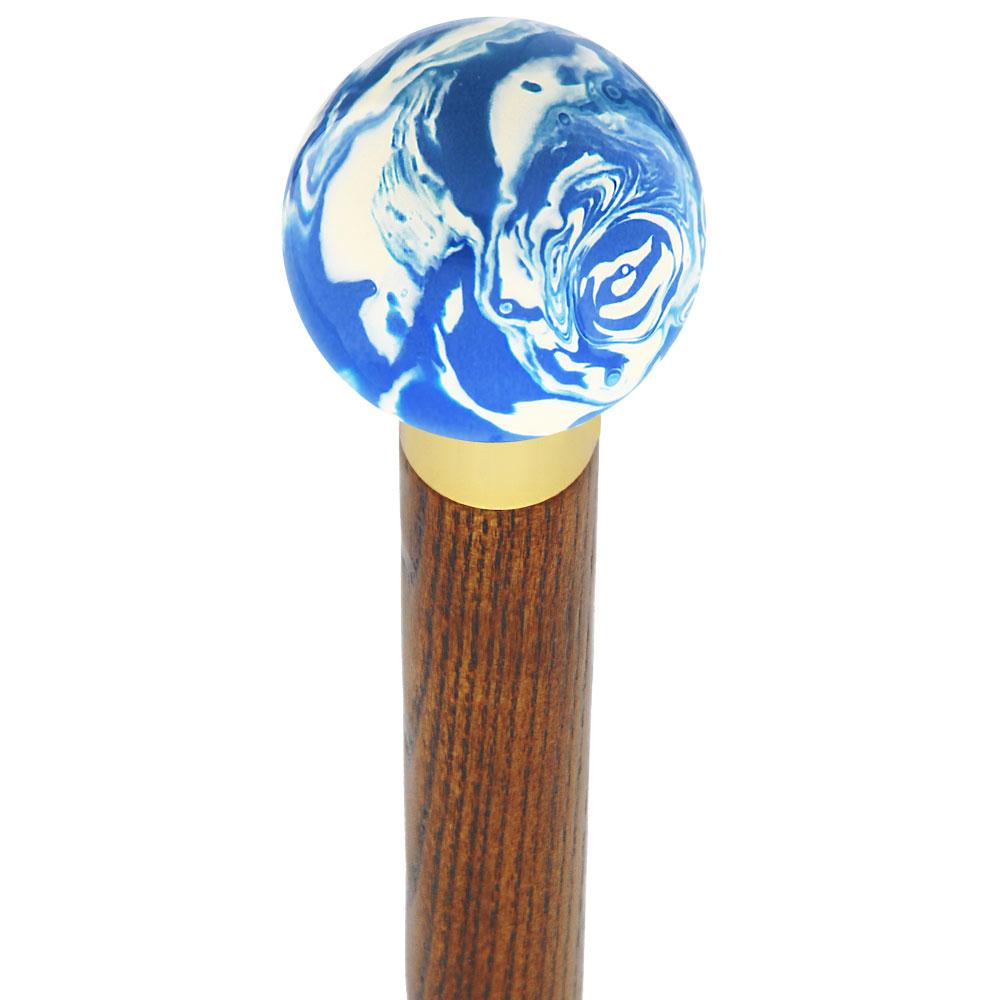 Custom Blue & White Cream Swirl Round Knob Walking Cane with Adjustable Ash Wood Shaft & Collar - Premium Mobility Aid for Hiking, Fashion & Daily Support