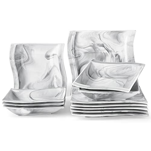 MALACASA 12-Piece Porcelain Dinnerware Set for 6 - Square Marble Plates & Bowls, Modern Dining Ware Collection (Flora Series) - Perfect for Family Dinners, Restaurants, and Stylish Home Entertaining