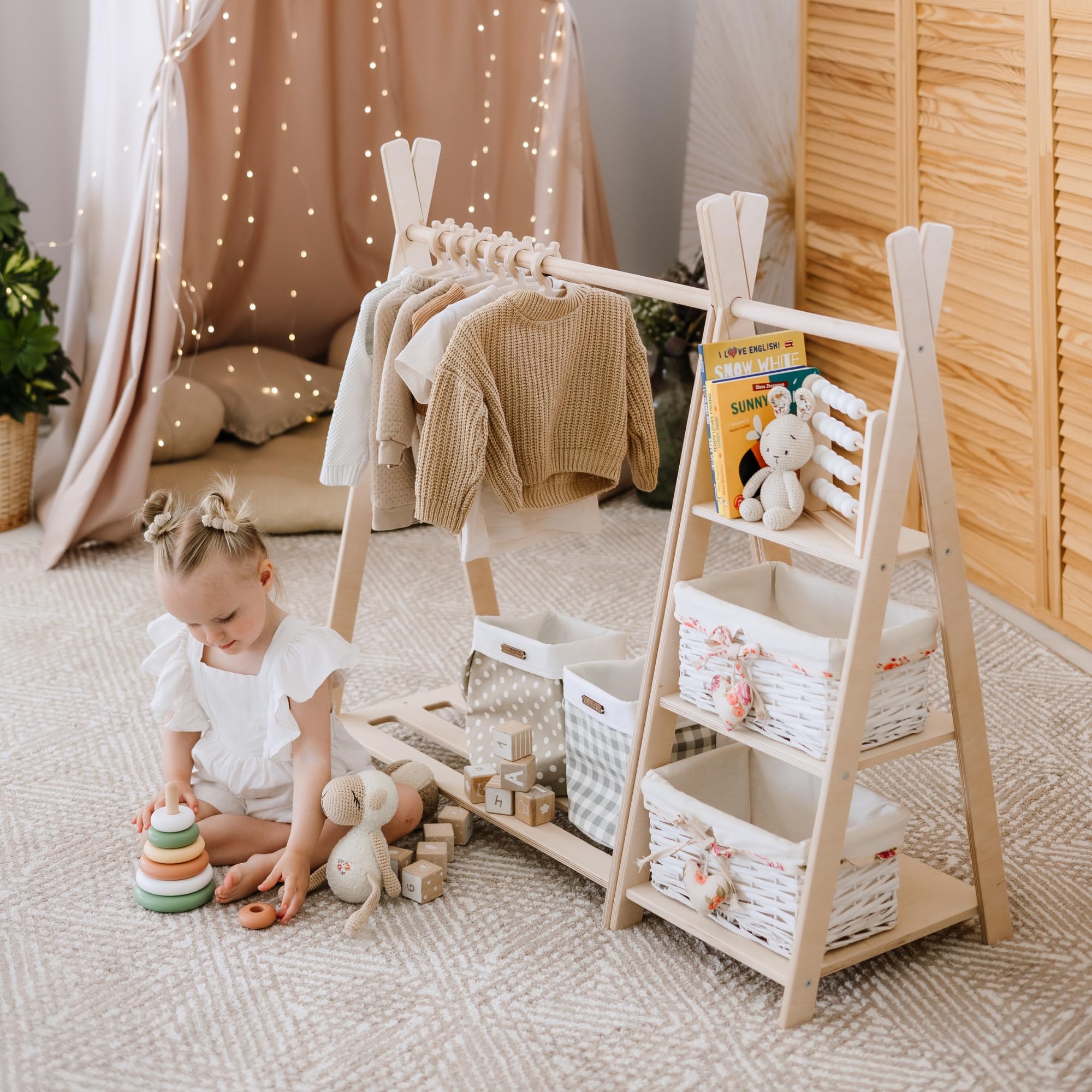 Montessori Toy Storage & Wooden Clothing Rack - Kids Wardrobe Organizer, Nursery Shelf, Teepee Toy Shelf - Natural Wood Nursery Furniture for Bedroom & Playroom Organization