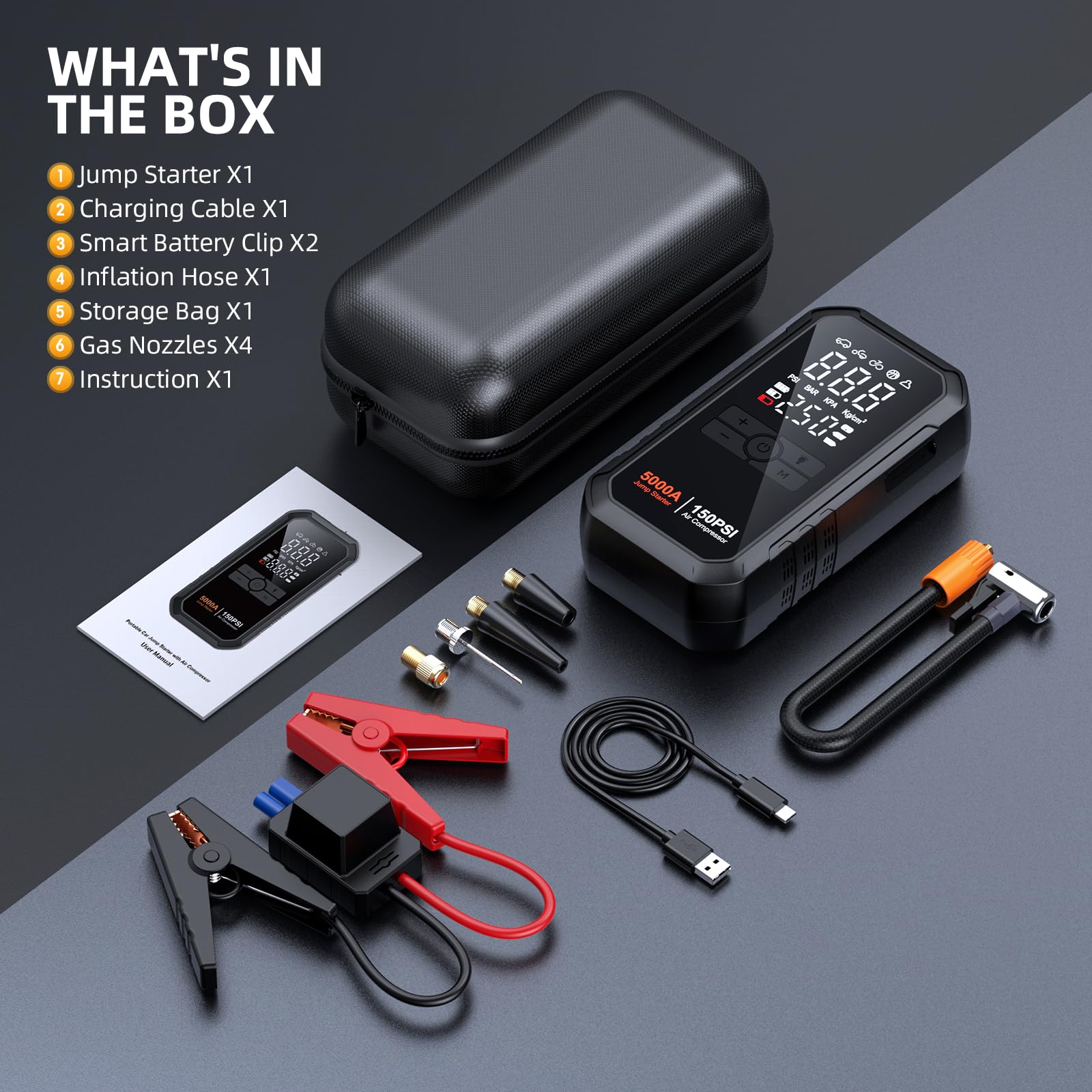 5000A 150PSI Car Battery Jump Starter with Air Compressor - Portable Power Pack for All Gas & 10L Diesel Vehicles - LCD Display & LED Light - Emergency Roadside Assistance & Camping Power Supply