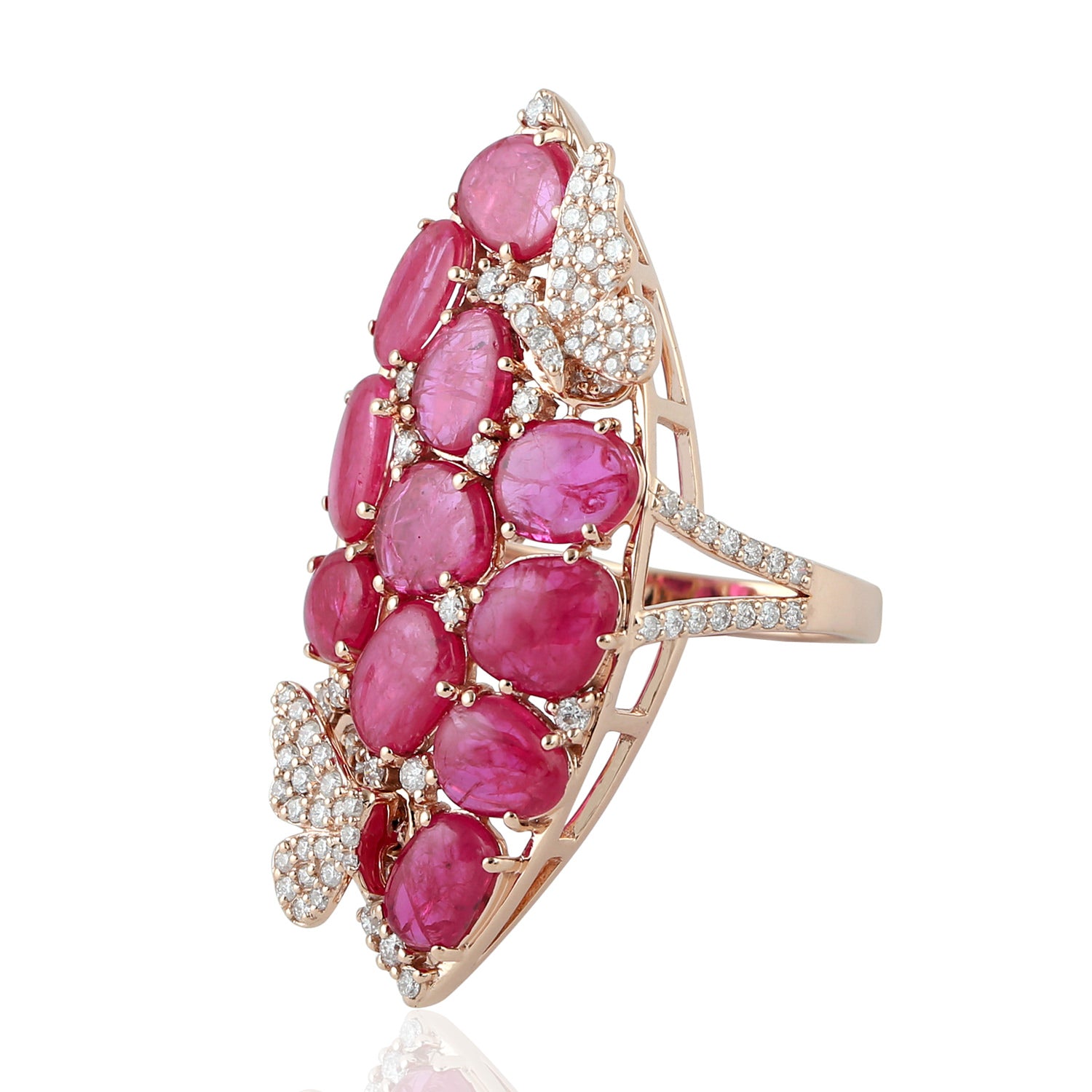 18k Rose Gold Micro Pave Diamond & Ruby Butterfly Ring - Elegant Jewelry for Women, Perfect for Weddings, Anniversaries & Special Occasions