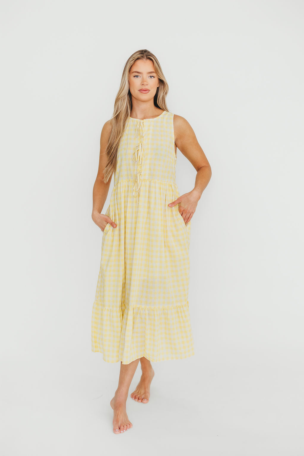 Alana Gingham Ribbon Detail Midi Dress in Butter Yellow - Floral Summer Dress for Women, Perfect for Garden Parties & Brunch Dates