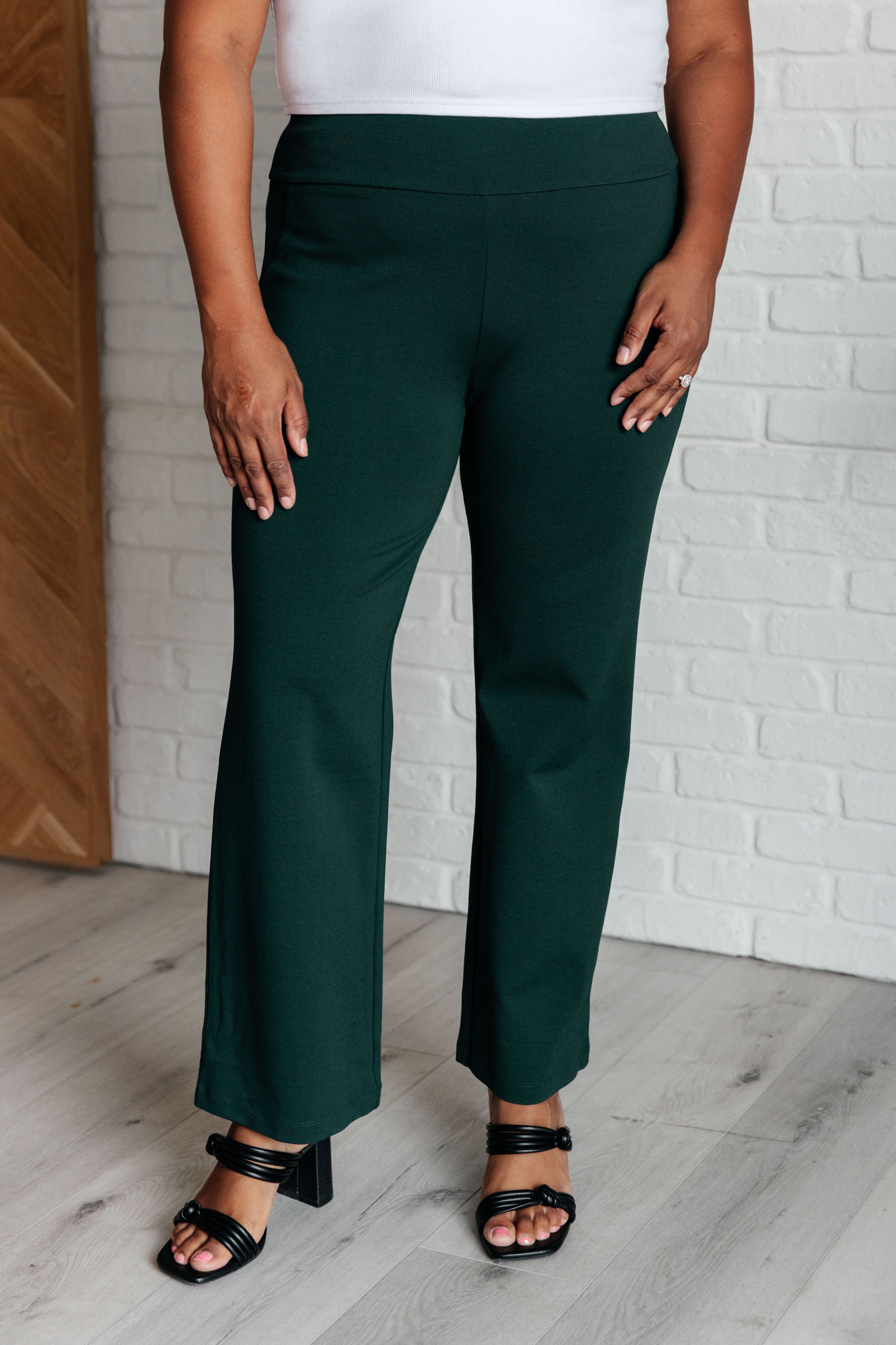 Magic Straight Leg Pants for Women - Stretchy Comfortable Hunter Green Trousers for Work, Office & Casual Wear