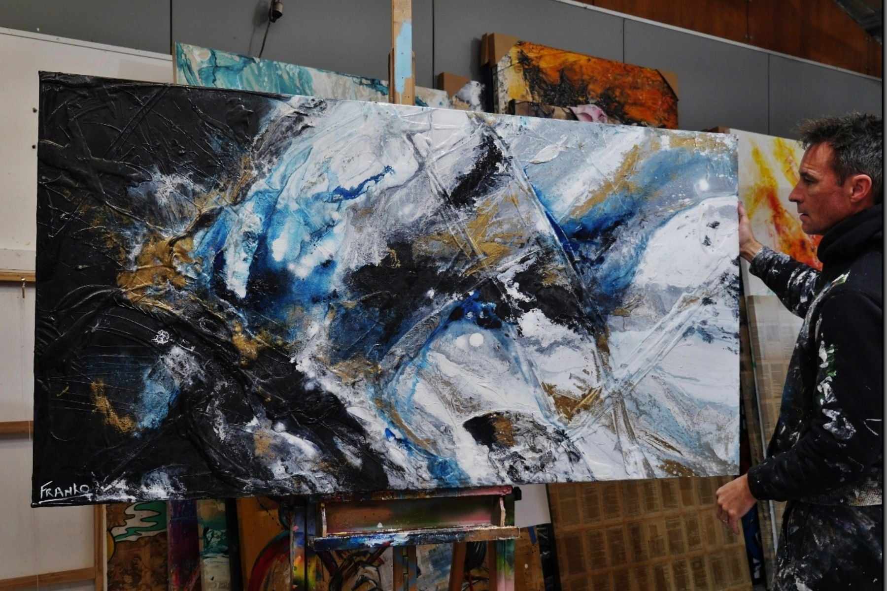 Midnight Atmosphere 190cm x 100cm Black White Blue Textured Abstract Canvas Wall Art - Perfect for Modern Living Room, Bedroom or Office Decor