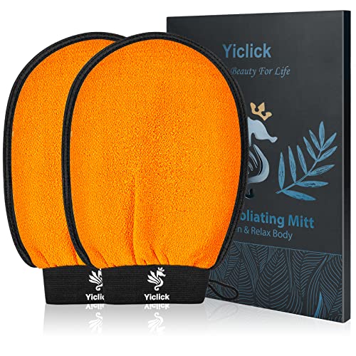 Yiclick Exfoliating Gloves 2Pcs - Korean Body Scrubber for Dead Skin Removal & Keratosis Pilaris Treatment - Shower & Bath Use (Orange)