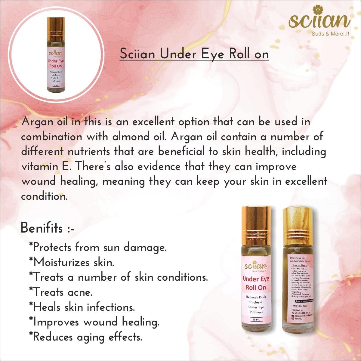 SCIIAN Under Eye Roll On for Dark Circles & Puffiness - Anti-Wrinkle Eye Serum with Ayurvedic & Argan Oils - 15ml Dark Circle Treatment for Women & Men - Perfect for Morning Routine & Travel Skincare