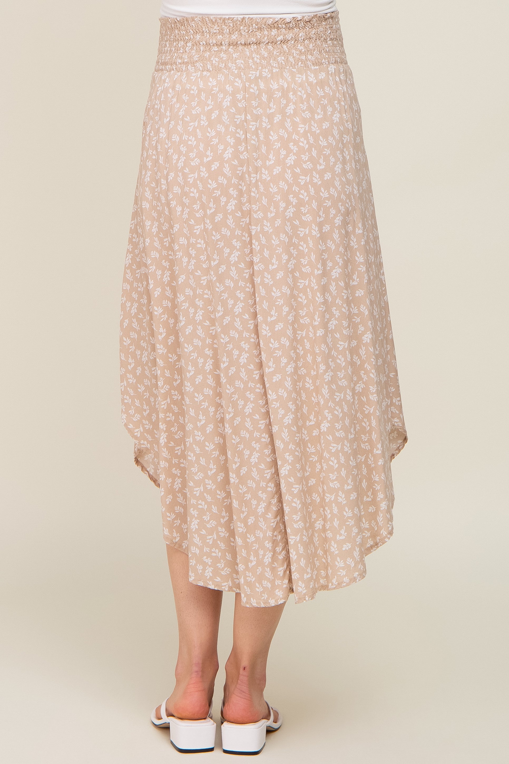 Beige Leaf Print Smocked Maternity Midi Skirt - Comfortable Stretchy Pregnancy Dress for Women, Perfect for Baby Shower, Maternity Photos & Summer Outfits