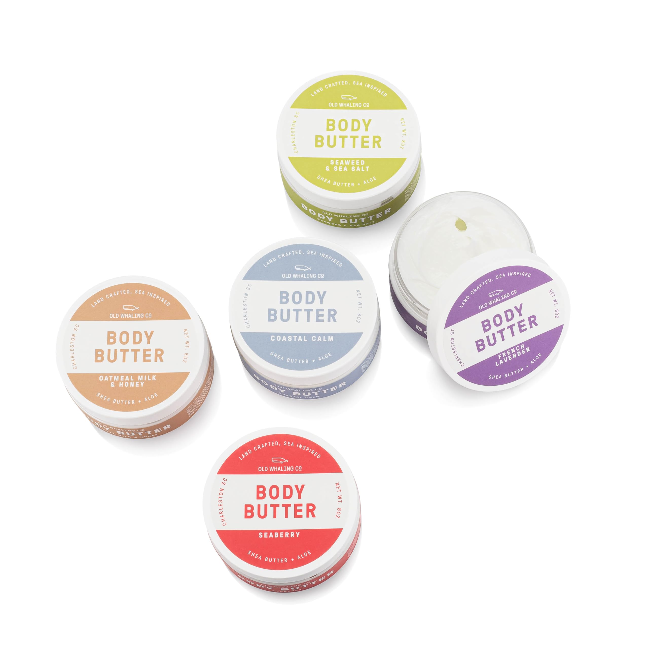 Old Whaling Co Five Body Butter Set – Soothing Moisturizing Cream with Shea Butter, Aloe & Sunflower Oil – Handmade Natural Bath & Body Care Gift Set – 8oz Jars (Set of 5) – Perfect for Dry Skin, Spa Day & Holiday Gifting
