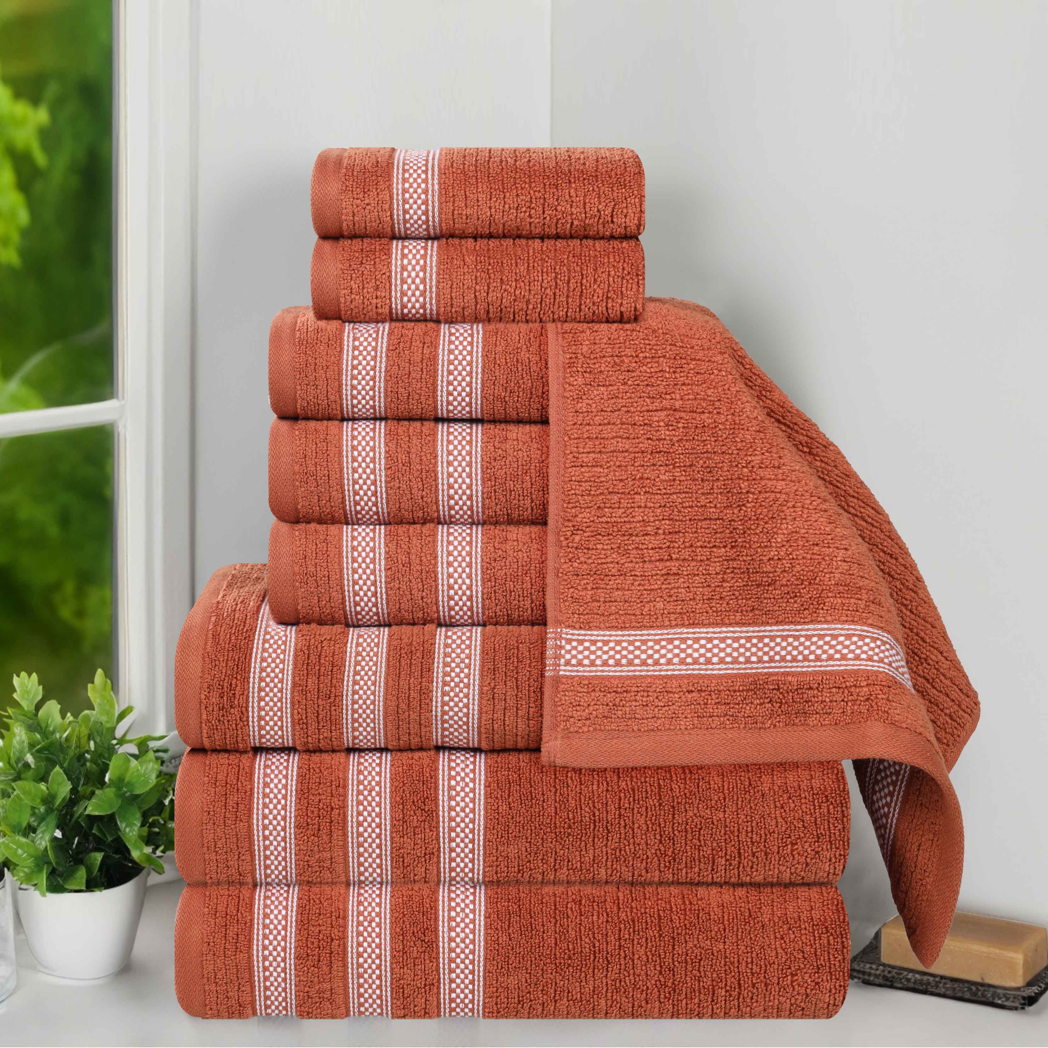 Premium 9-Piece Zero Twist Cotton Ribbed Towel Set with Geometric Border - Ultra Soft & Absorbent Bath, Beach & Spa Towels for Luxury Home & Hotel Use