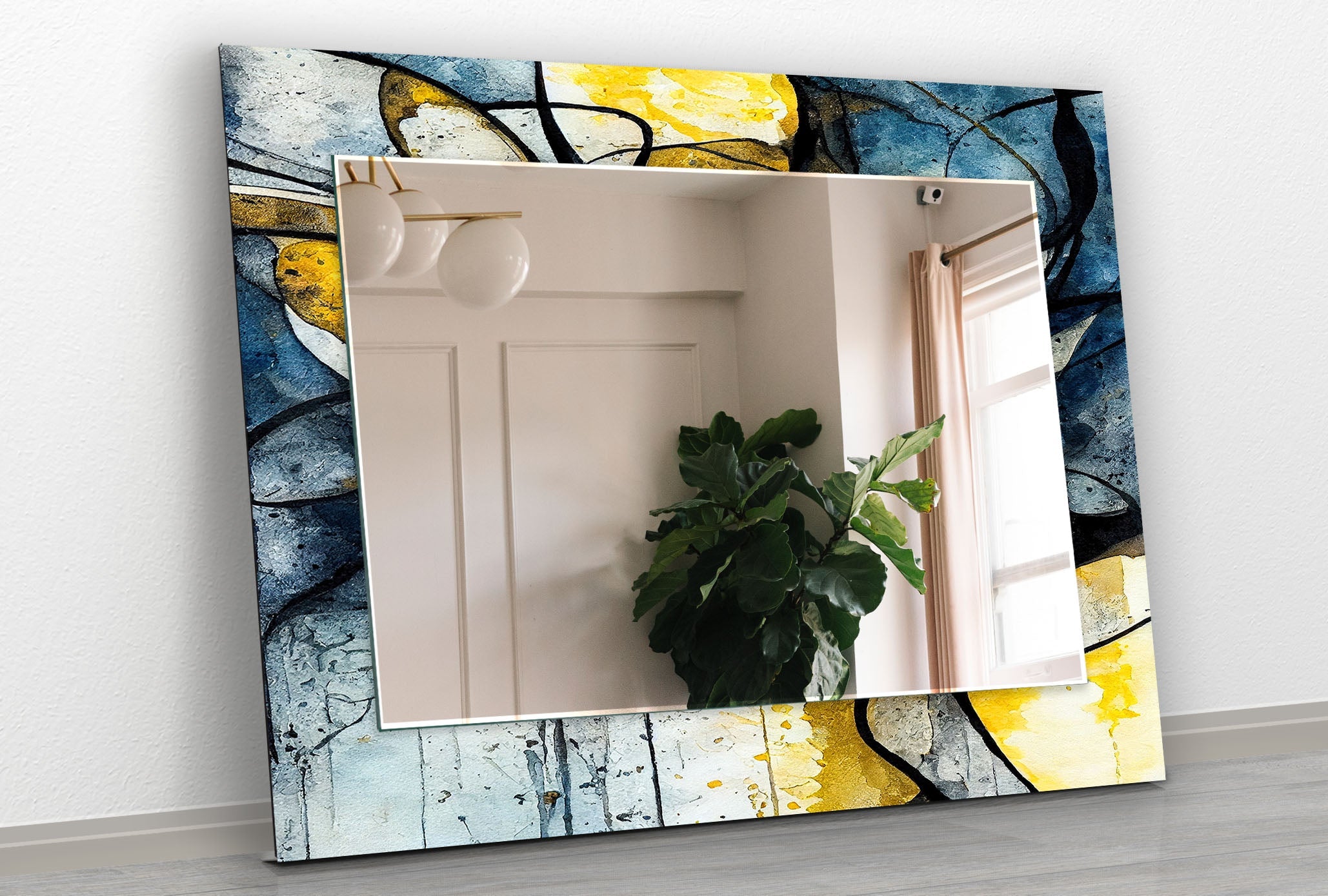 Abstract Wall Mirror in Blue and Yellow Ink - Modern Home Decor for Living Room, Bedroom, or Office