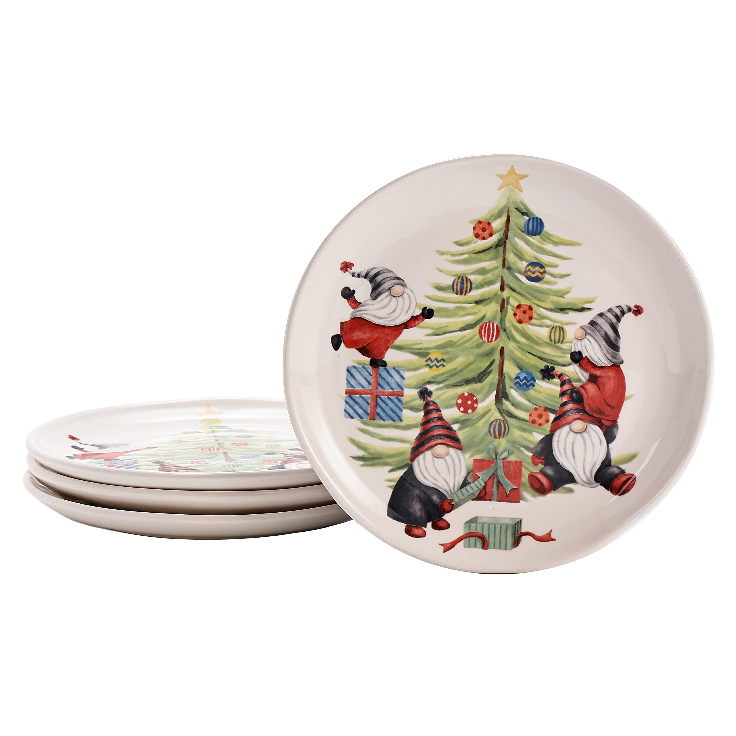 Festive Christmas Gnomes & Tree Ceramic Salad Plates Set of 4 - 8.75 Inch Appetizer Dishes, Microwave & Dishwasher Safe - Perfect for Holiday Parties, Dinner Decor & Gift Giving