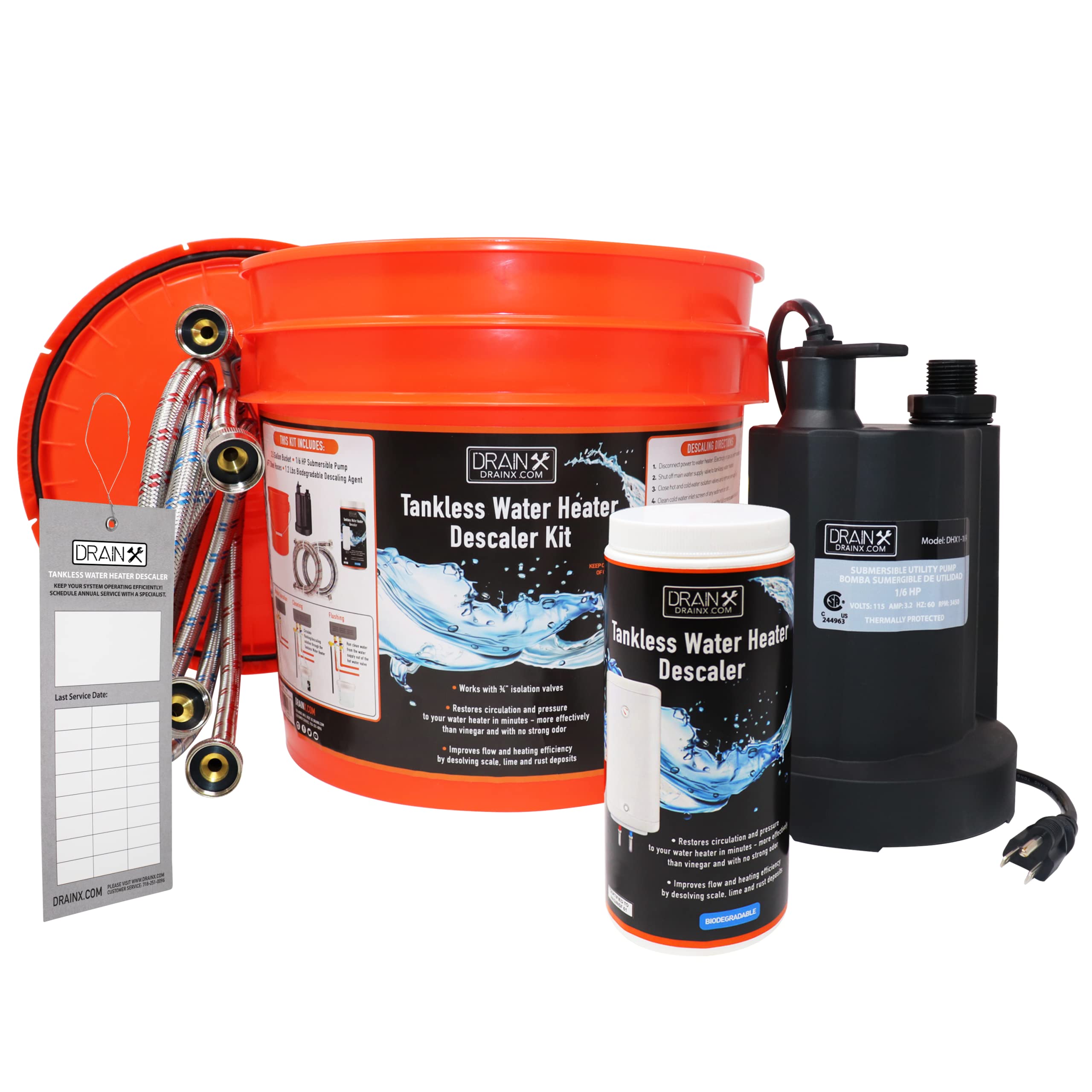 Tankless Water Heater Flush Kit with 1/6 HP Pump & Descaler - DrainX Professional Descaling System for Home Maintenance | Perfect for RV, Residential & Commercial Use