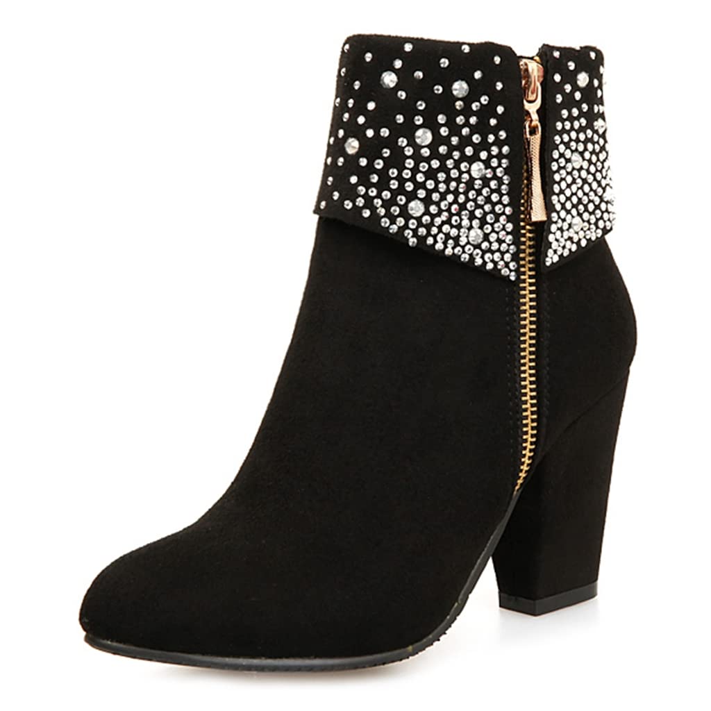 MIOKE Women's Chunky Block Heel Ankle Boots - Rhinestone Round Toe Suede Zipper Booties for Party, Work & Night Out | Dress Boots for Fall Winter Fashion