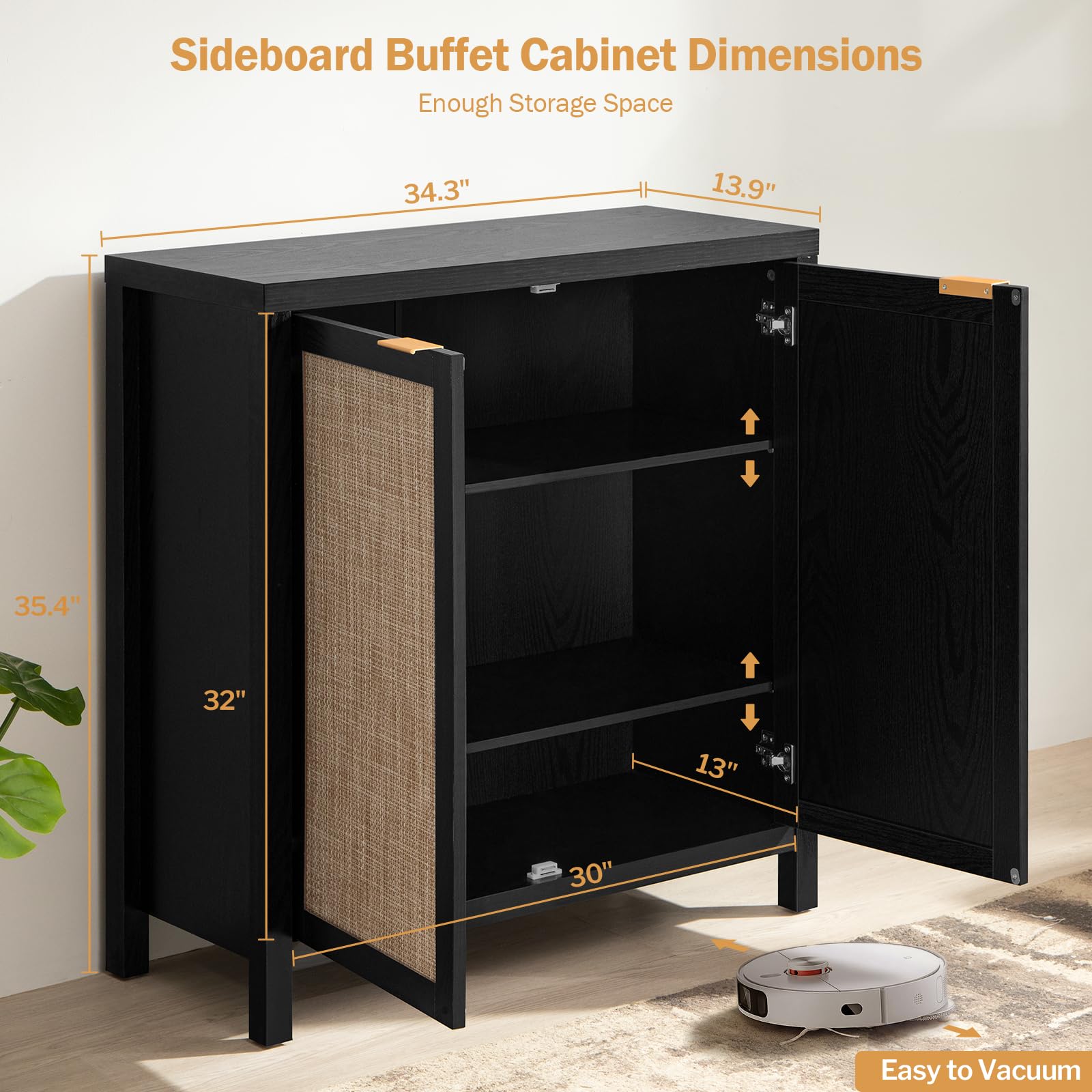 SICOTAS 2-Piece Black Boho Rattan Sideboard Buffet Cabinet with Storage - Modern Accent Coffee Bar Console for Dining Room, Living Room, Entryway & Kitchen - Perfect for Home Decor, Entertaining & Extra Storage Space