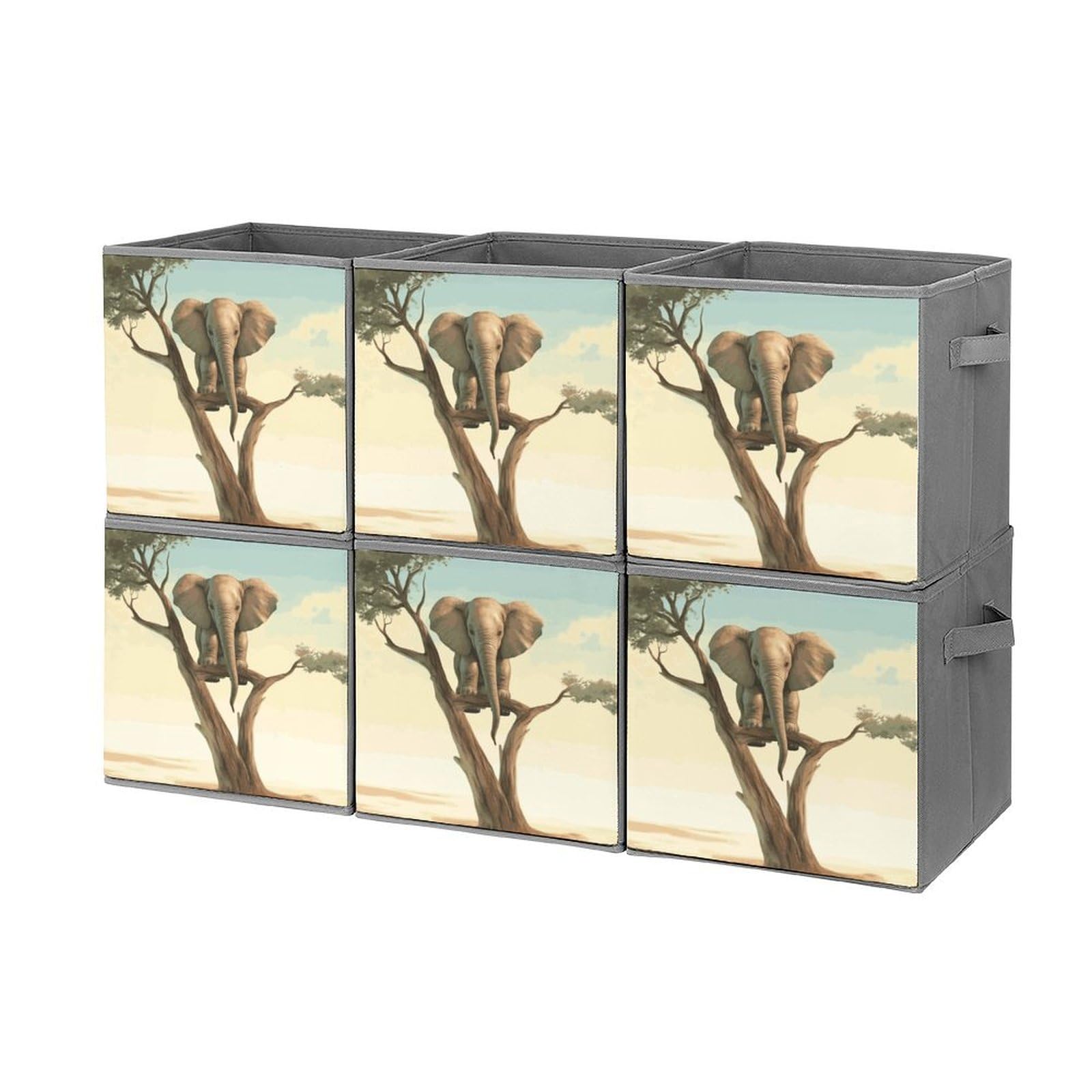 Collapsible Waterproof Storage Cube Bins with Handles - 6 Pack Organizer Baskets for Home, Closet, Office & Bedroom - Elephant Design Toy Storage Box for Kids Room & Nursery Organization