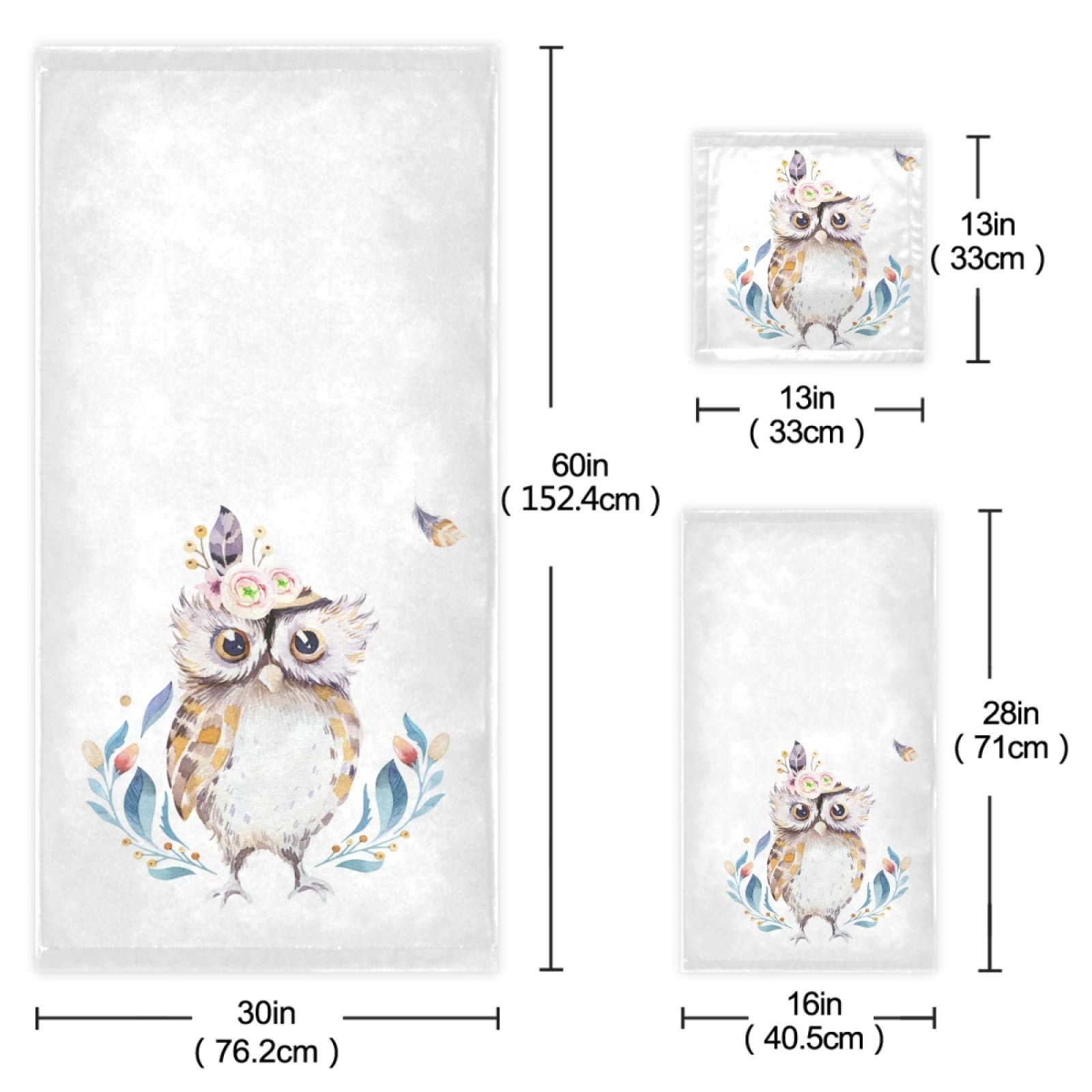 Bohemian Baby Cartoon Owl Soft Luxury 3-Piece Towel Set - 1 Bath Towel, 1 Hand Towel, 1 Washcloth | Ultra Absorbent & Plush for Bathroom, Hotel, Gym, Spa, Kitchen Decor | Perfect for Nursery, Baby Shower Gift & Home Decoration
