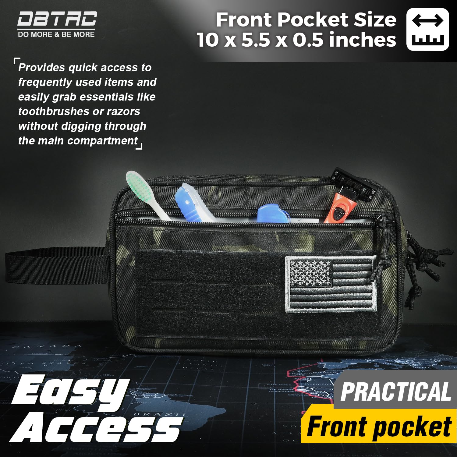 DBTAC Tactical Toiletry Bag for Men - Waterproof Shower Bag with Wet/Dry Compartments | Compact Travel Dopp Kit & Shaving Organizer (Black Camo) - Perfect for Camping, Gym & Business Trips