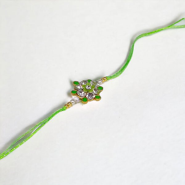 Green and White Stone Design Rakhi - Elegant Indian Bracelet for Raksha Bandhan - Perfect for Siblings, Festivals, and Cultural Celebrations