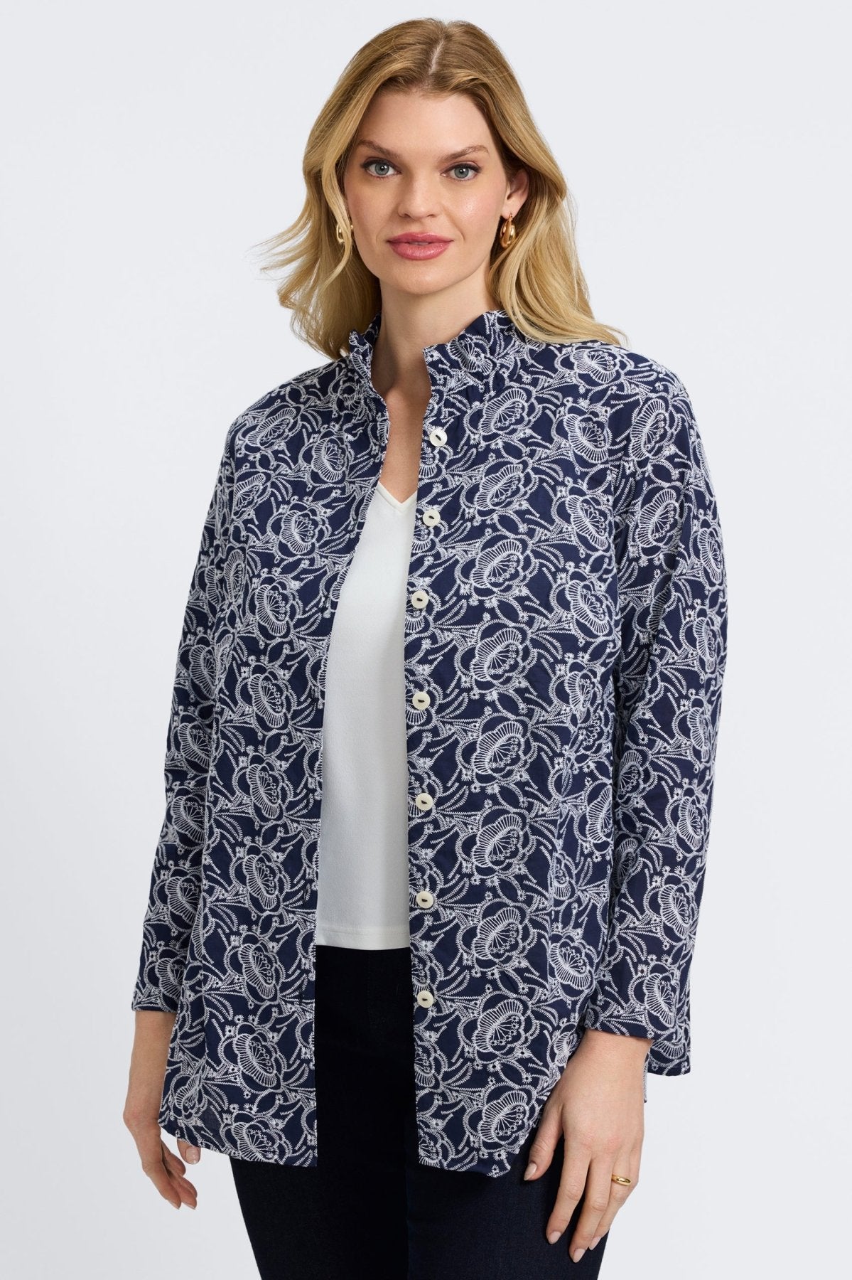 Carolina Plus Floral Allover Eyelet Long Sleeve Shirt Jacket for Women - Stylish Layering Piece for Spring & Fall Outfits - Perfect for Office, Date Night and Casual Wear