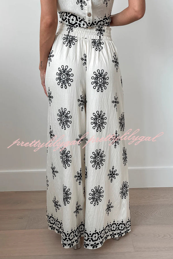 Stylish Printed Round Neck Sleeveless Blouse & Elastic Waist Pocket Wide Leg Pants Set - Women's Casual Outfit for Summer, Beach, Vacation & Daily Wear