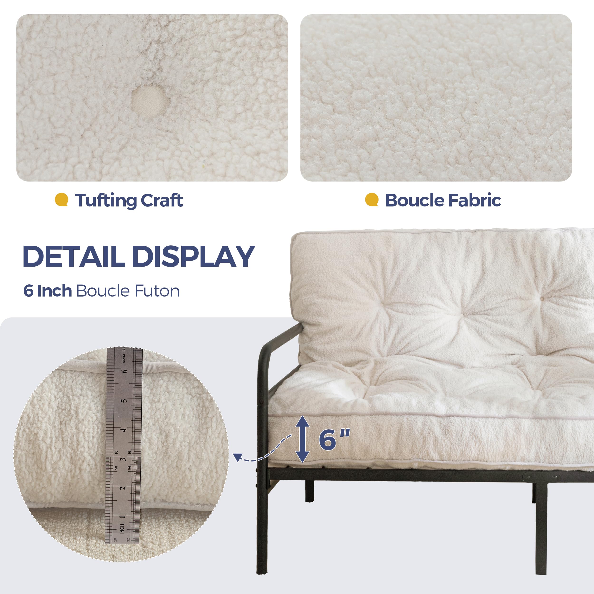 MAXYOYO 6-Inch Full Size Futon Mattress - Thick Boucle Sofa Bed with Shredded Foam Filling for Adults (Frame Not Included) | Perfect for Guest Rooms, Dorms, Apartments & Floor Sleeping - Beige